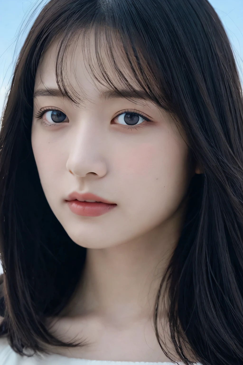 (detailed and realistic portrait of a girl with a clean face), (round eyes and long flutters hair shot outside),staring at camera,magical photography, dramatic lighting, photo realism, ultra-detailed,
intimate portrait composition, (centered image composition),(close up shot:1.6),best quality,f/1. 8, 85mm,
(28years asian woman), black_hair,(black_eyes:1.2),(bangs),makeup,white_dress,
(hazy blue_sky_background)