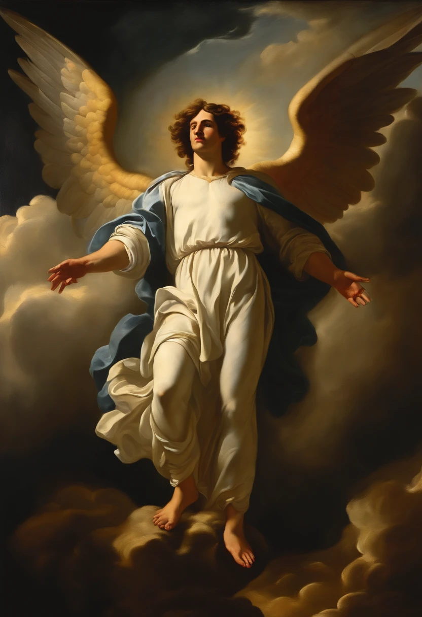 pintura a oleo, angel man descending from heaven to meet people, breathtaking masterpiece, Vivid, ornado, Caravaggio, 8k
