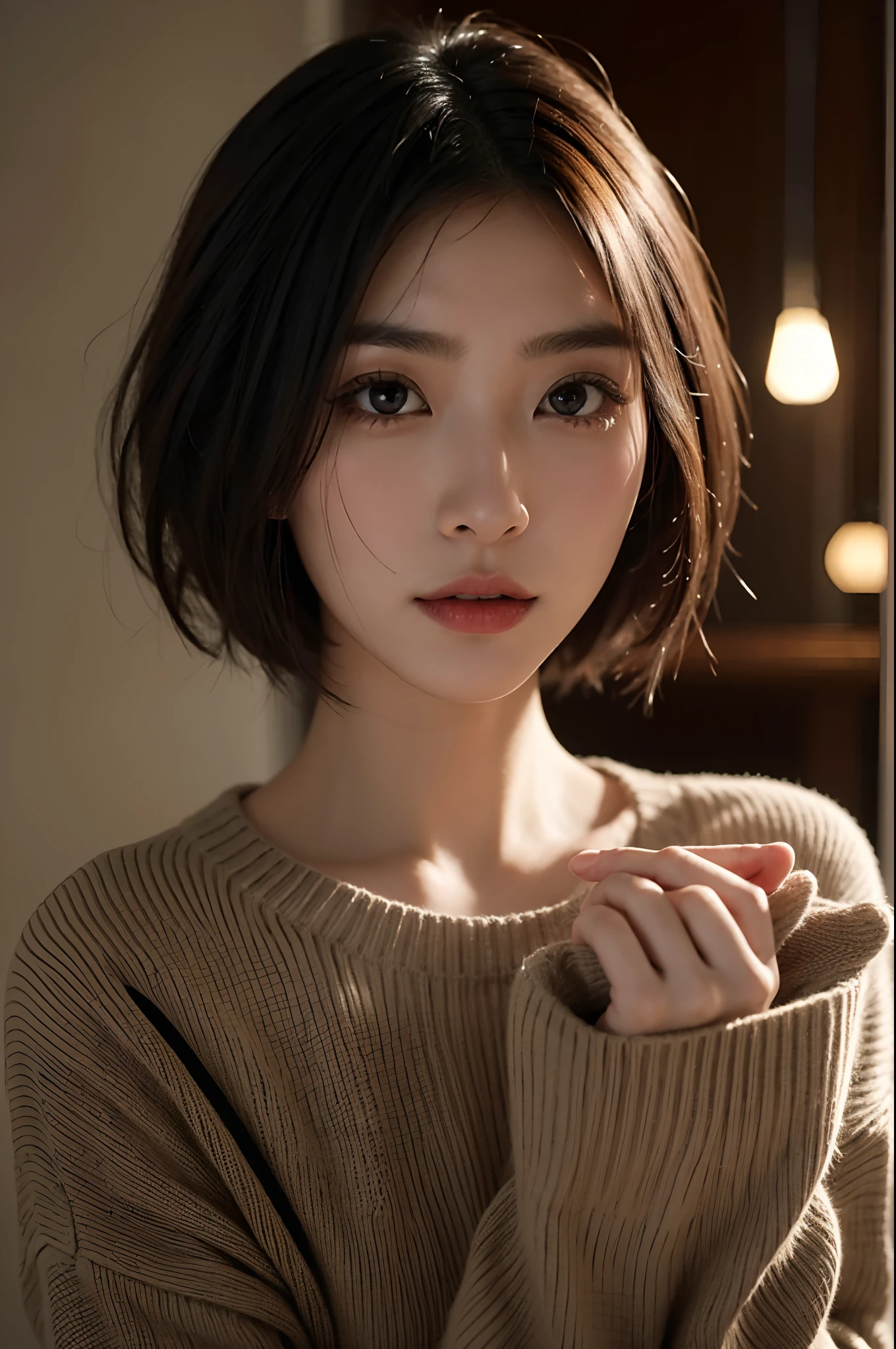 a close up of a woman in a sweater posing for a picture, Middle metaverse, 奈良美智, japanese model, beautiful asian girl, with short hair, 2 4 year old female model, 4 k ], 4k], 2 7 years old, sakimichan, sakimi chan