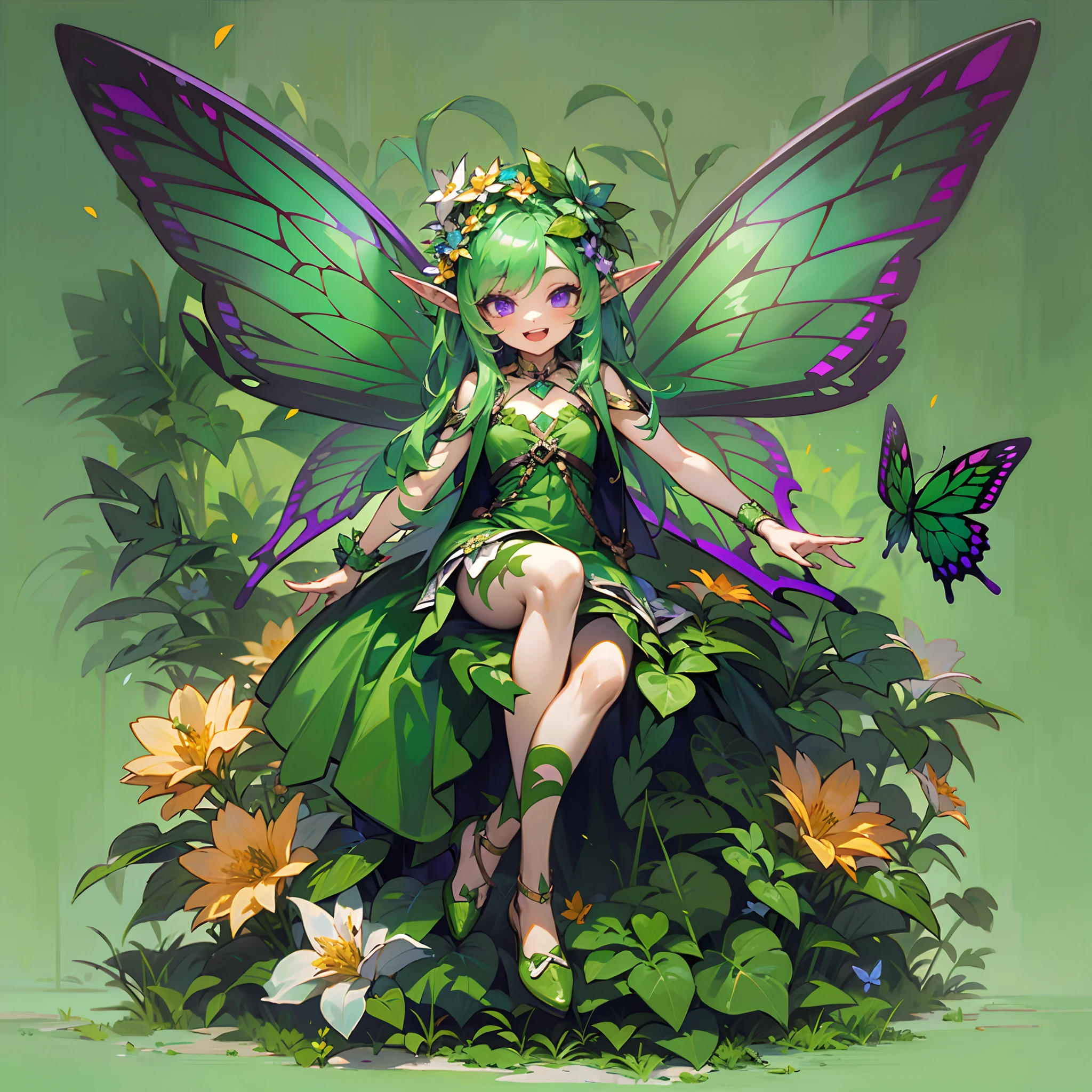 Master pieces,8k wallpaper,best quality,cute,(1girl:1.3),green hair,purple eyes,Young flower fairy,Leprechauns,(flat chest),full body,solo,Elf,pointed ears,There is a colorful garland on the head,(Elf dress:1.2),(The color of the dress changes from green to purple,This change is from the bottom up),(There is a pair of leprechaun wings on the back:1.3)+(The design of leprechaun wings refers to butterfly wings:1.3),Petite,laughing joyfully,Very clear size contrast,The character occupies the middle position of the screen,BREAK!,The character sits sideways on a blooming flower,Magnified several times the flowers,The shot zooms in
