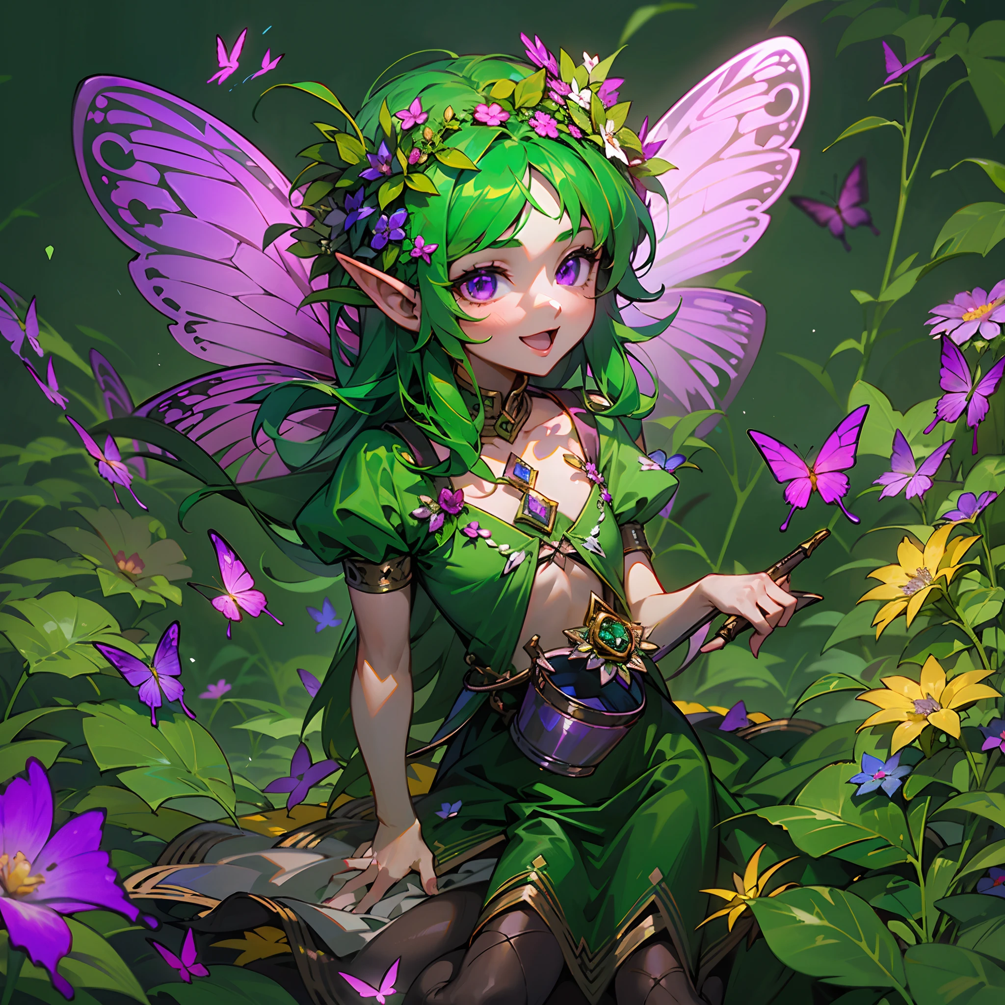 Master pieces,8k wallpaper,best quality,cute,(1girl:1.3),green hair,purple eyes,Young flower fairy,Leprechauns,(flat chest),full body,solo,Elf,pointed ears,There is a colorful garland on the head,(Elf dress：1.2),(The color of the dress changes from green to purple,This change is from the bottom up),(There is a pair of leprechaun wings on the back：1.3)+(The design of leprechaun wings refers to butterfly wings：1.3),Petite,laughing joyfully,Very clear size contrast,The character occupies the middle position of the screen,BREAK!,The character sits sideways on a blooming flower,Magnified several times the flowers,The shot zooms in