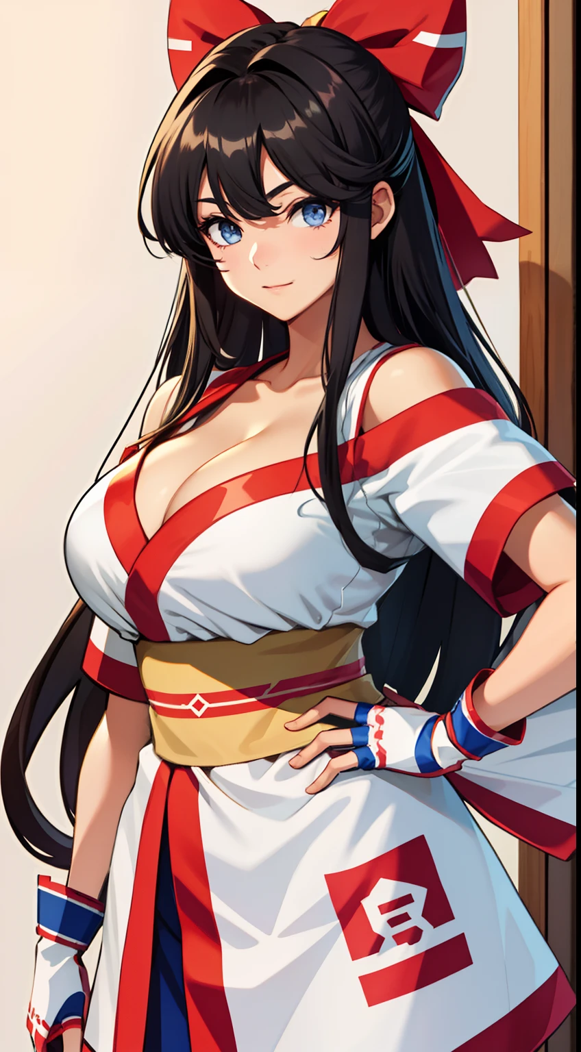 （tmasterpiece，best qualtiy，A high resolution，Off-the-shoulder attire，Large breasts，（cleavage:1.5)，统一 8k 壁纸，Extremely detailed CG：1），（illustratio：1.0），1girll，Solo，nakorurums，Bow knot，shairband，Ainu clothes，Fingerless gloves，short- sleeved