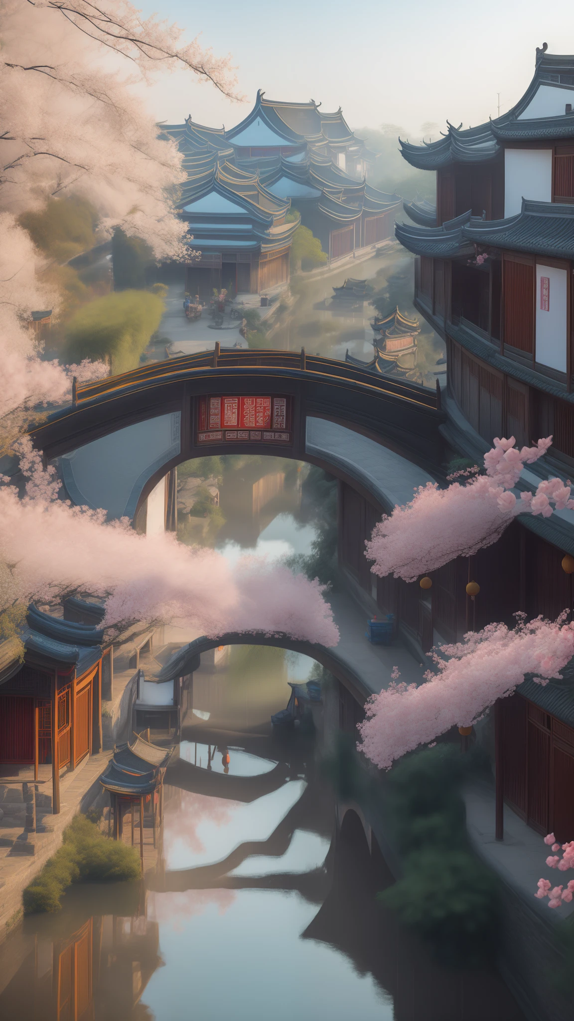 The beautiful scenery of Jiangnan Ancient Town is ultra high definition, with 8k image quality. The river water is clear and visible, with small boats, lanterns, white and pink pear flowers on both sides of the river, and arch bridges,cg rendering,line art,botw