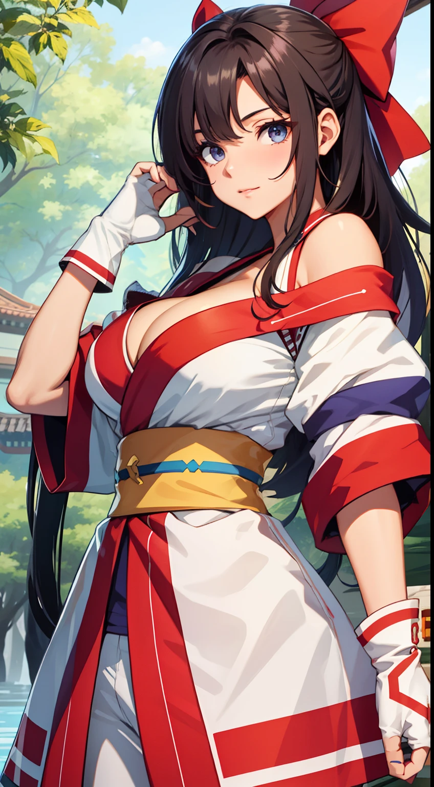 (tmasterpiece,best qualtiy,A high resolution,Off-the-shoulder attire,Large breasts,(cleavage:1.5),统一 8k 壁纸,Extremely detailed CG:1),(illustratio:1.0),1girll,Solo,nakorurums,Bow knot,shairband,Ainu clothes,Fingerless gloves,short- sleeved