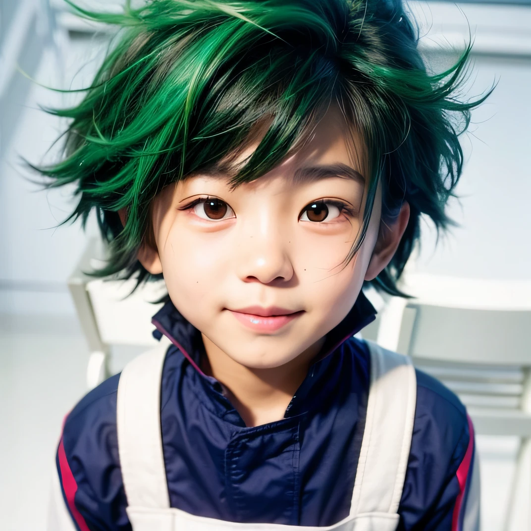 a close up of a asian boy smiling with green hair and a blue shirt, high quality, detailed face, without any glasses