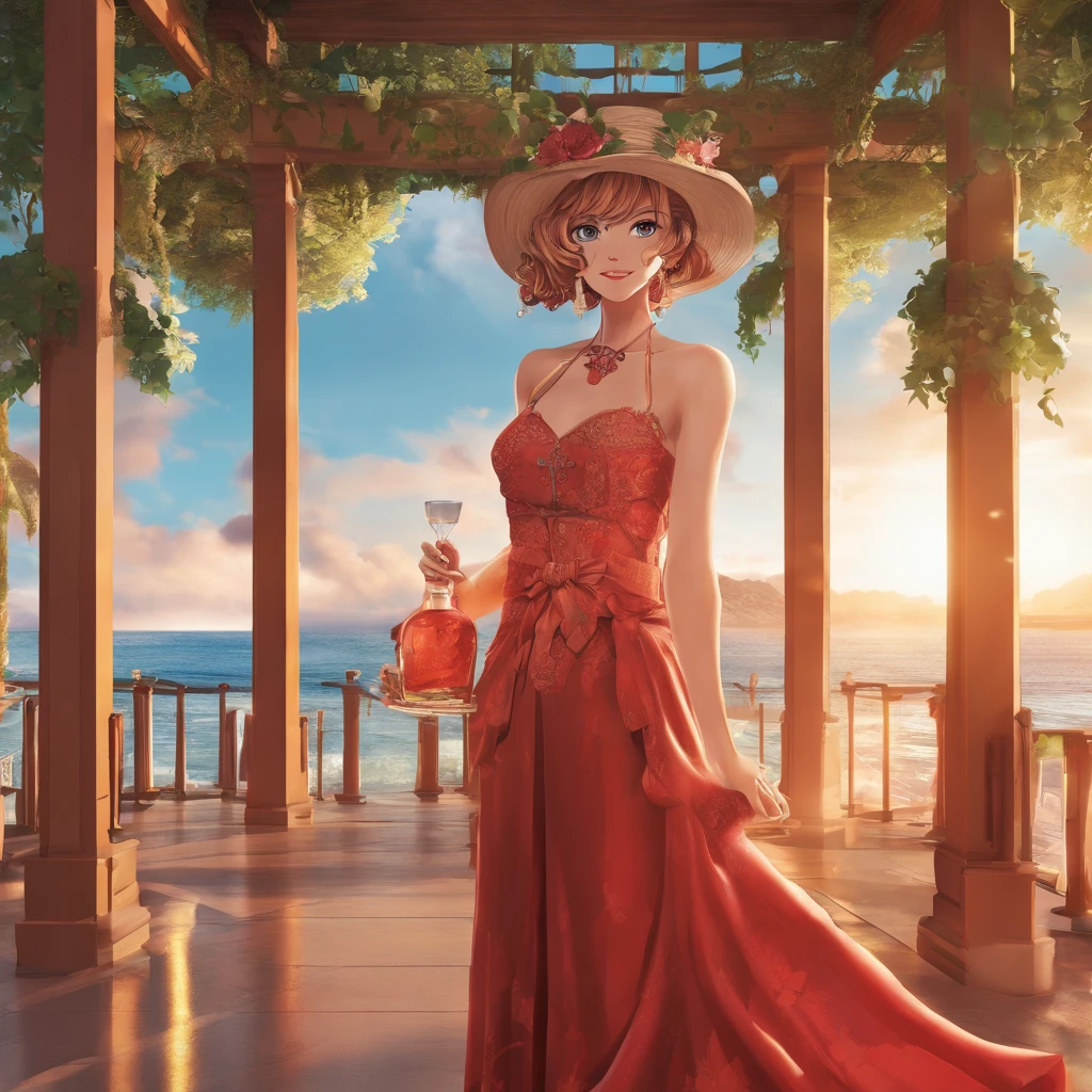 Nami from one piece wearing red ball gown in a gazebo in a sunset time, standing with one hand on her hips and other is holding a glass of red wine, masterpiece, illustration 1.8, outfit 1.6, face 1.1, perfect anatomy, expressive eyes, magnificent eyes, perfect smile, orange short hair, nami's face