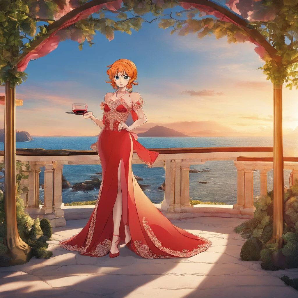 Nami from one piece wearing red ball gown in a gazebo in a sunset time, standing with one hand on her hips and other is holding a glass of red wine, masterpiece, illustration 1.8, outfit 1.6, face 1.1, perfect anatomy, expressive eyes, magnificent eyes, perfect smile, orange short hair, nami's face