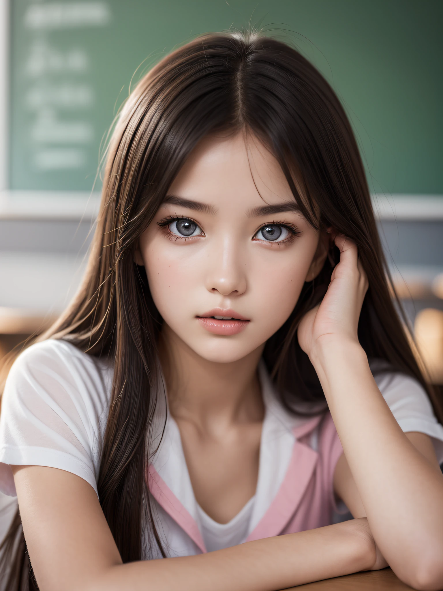 ((1girl in)), ((Best Quality)), (Ultra-detailed), (extremely detailed CG unified 8k wallpaper), Highly detailed, High-definition raw color photos, Professional Photography, brown hair, Amazing face and eyes, Pink eyes, (amazingly beautiful girl), School, classroom, Sitting,
