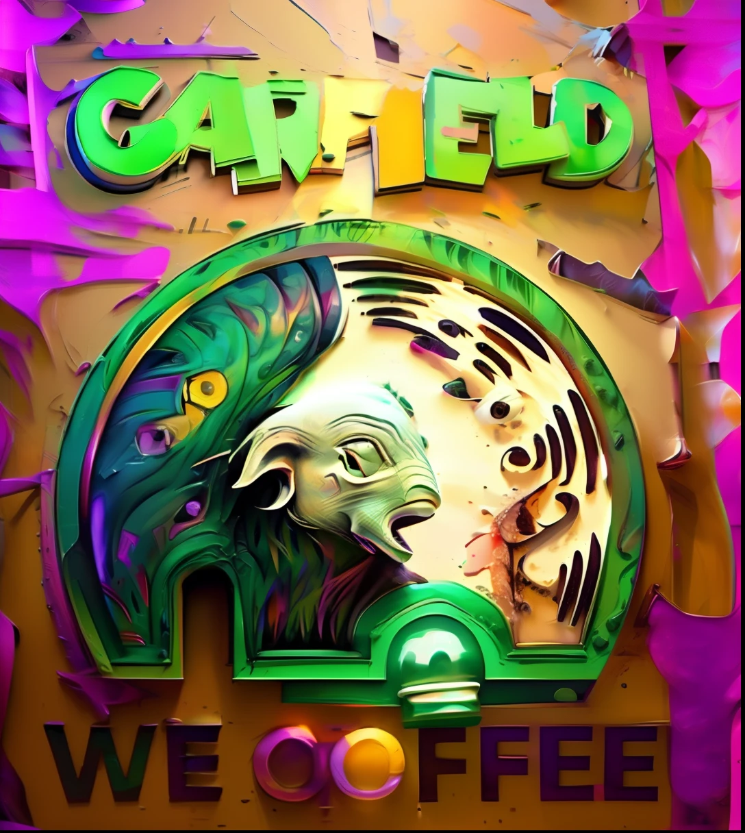 um close up de um sinal com um elefante  colorido sobre ele, Garfield, Quadrinhos de Garfield, Arte Warcaft, Caulfield, inspirado em Charles W. Bartlett, we, Zombie Coffee Logo, coffee shop, morning coffee, 🐋 as 🐘 as 🤖 as 👽 as 🐳, coffee smell, Fanart oficial, zombie drinker coffee logo, 🪔 🎨;🌞🌄 , 256 mil