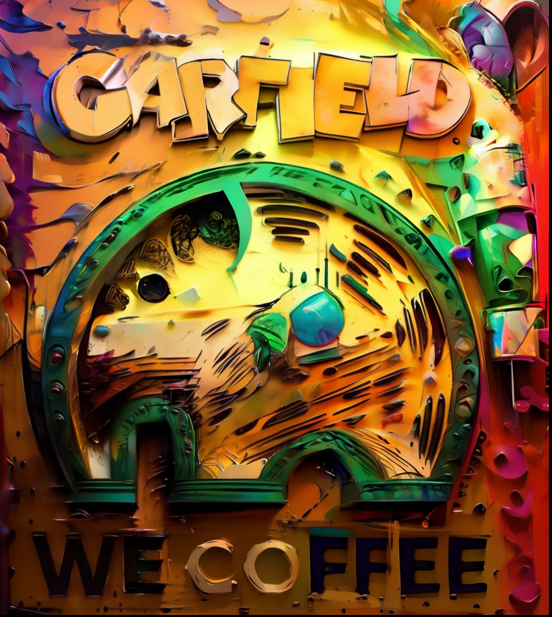 um close up de um sinal com um elefante colorido sobre ele, Garfield, Quadrinhos de Garfield, Arte Warcaft, Caulfield, inspirado em Charles W. Bartlett, we, Zombie Coffee Logo, coffee shop, morning coffee, 🐋 as 🐘 as 🤖 as 👽 as 🐳, coffee smell, Fanart oficial, zombie drinker coffee logo, 🪔 🎨;🌞🌄 , 256 mil