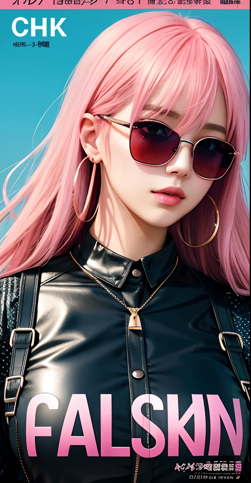 Close-up of a pink-haired woman wearing sunglasses, Anime style. 8K, style of anime4 K, anime vibes, Anime style, High quality anime art style, Anime art style, Style anime, ig studios anime style, style of anime, Anime style mixed with Fujifilm, close up of a young anime girl, Detailed digital anime art is colorful,dyna,Background with,element in,self-assured,Expressing the,halter,statement,Attachment,A majestic,coil,Runt,Touching pubic area,Scenes,text,Cover of a,boldness,attention-grabbing,titles,Fashionab,typeface,Catchy,titles,more big,Smart、moderno、Trendy、focus-on、Fashionab、Adds to the overall drama and excitement。The color palette is dominated by dark colors,Dotted with bright colors,Make the poster dynamic and visually striking,tachi-e (magazine:1.3), (cover-style:1.3), fashionable, woman, vibrant, outfit, posing, front,rich colourful,dyna,Background with,element in,self-assured,Expressing the,halter,statement,attachment,A majestic,coil,Runt,Touching pubic area,Scenes,text,Cover of a,boldness,attention-grabbing,titles,Fashionab,typeface,Catchy,titles,more big,smart、moderno、Trendy、focus-on、Fashionab、