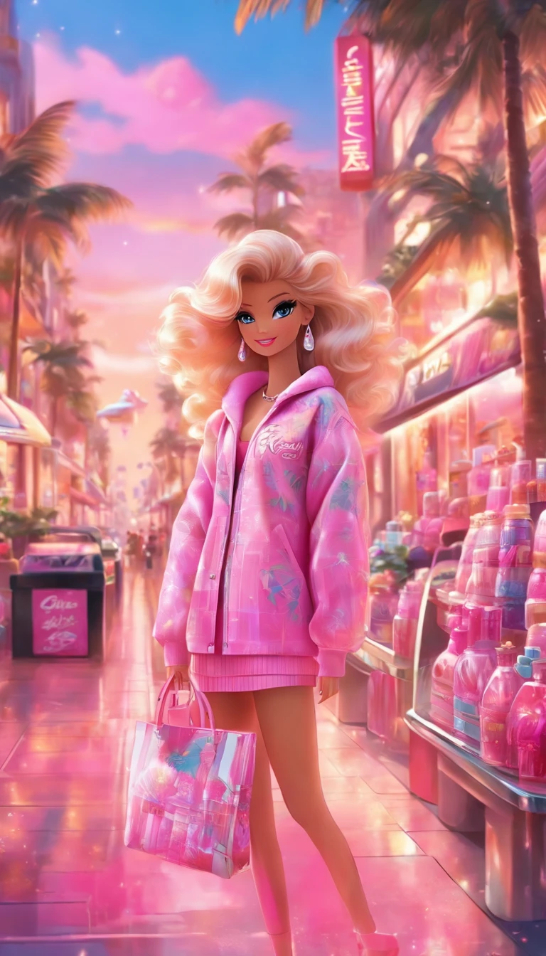 Make another scene with the same style, Barbie is now outside the perfume shop, Now she's holding a perfume shop bag, She was about to get in the car, Her car is a C1 Corvette, Pink and white, C1 Corvette, She wears a pink and white plaid dress,The background shows an 80-state city, There are palm trees and a lot of pink flowers.