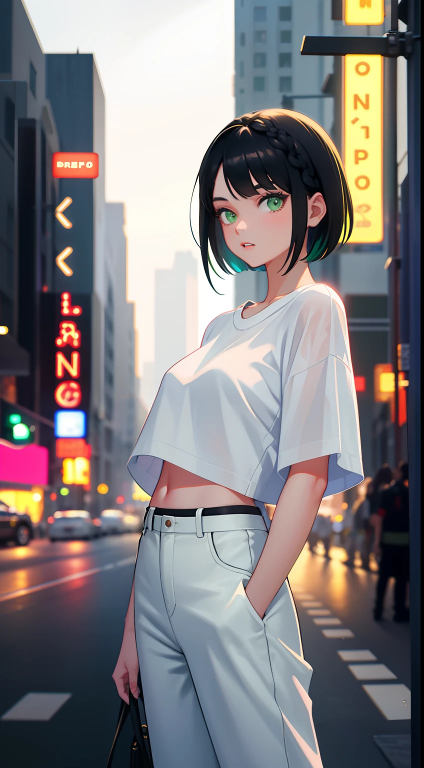 masterpiece, best quality, nsfw, 1girl, black hair, short hair, green eyes, braids, small perky breasts, on the street, night, neon light, white t-shirt, braless, black pants, poker face, front view, standing, in crowd,