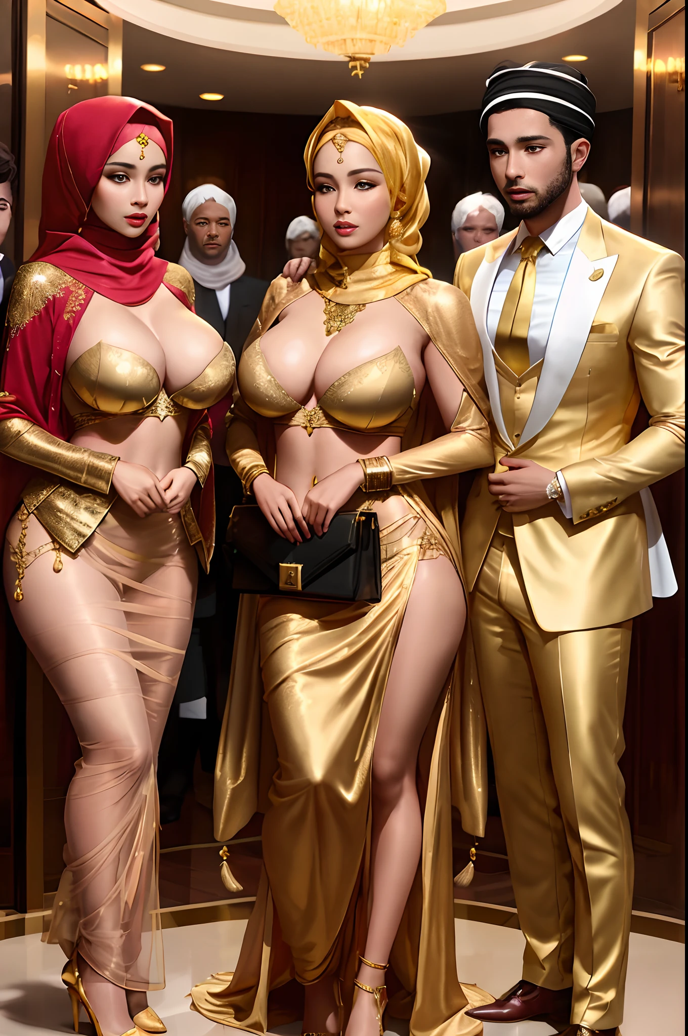 there are two women in gold dresses and a man in a suit, gold suit, realistic gold, dressed in expensive clothes, band of gold round his breasts, wearing gilded robes, golden robes, draped in gold, sam hyde in gold suit, smooth gold skin, golden-white robes, gold and white robes, gold clothes, exotic costumes, elegant gold body