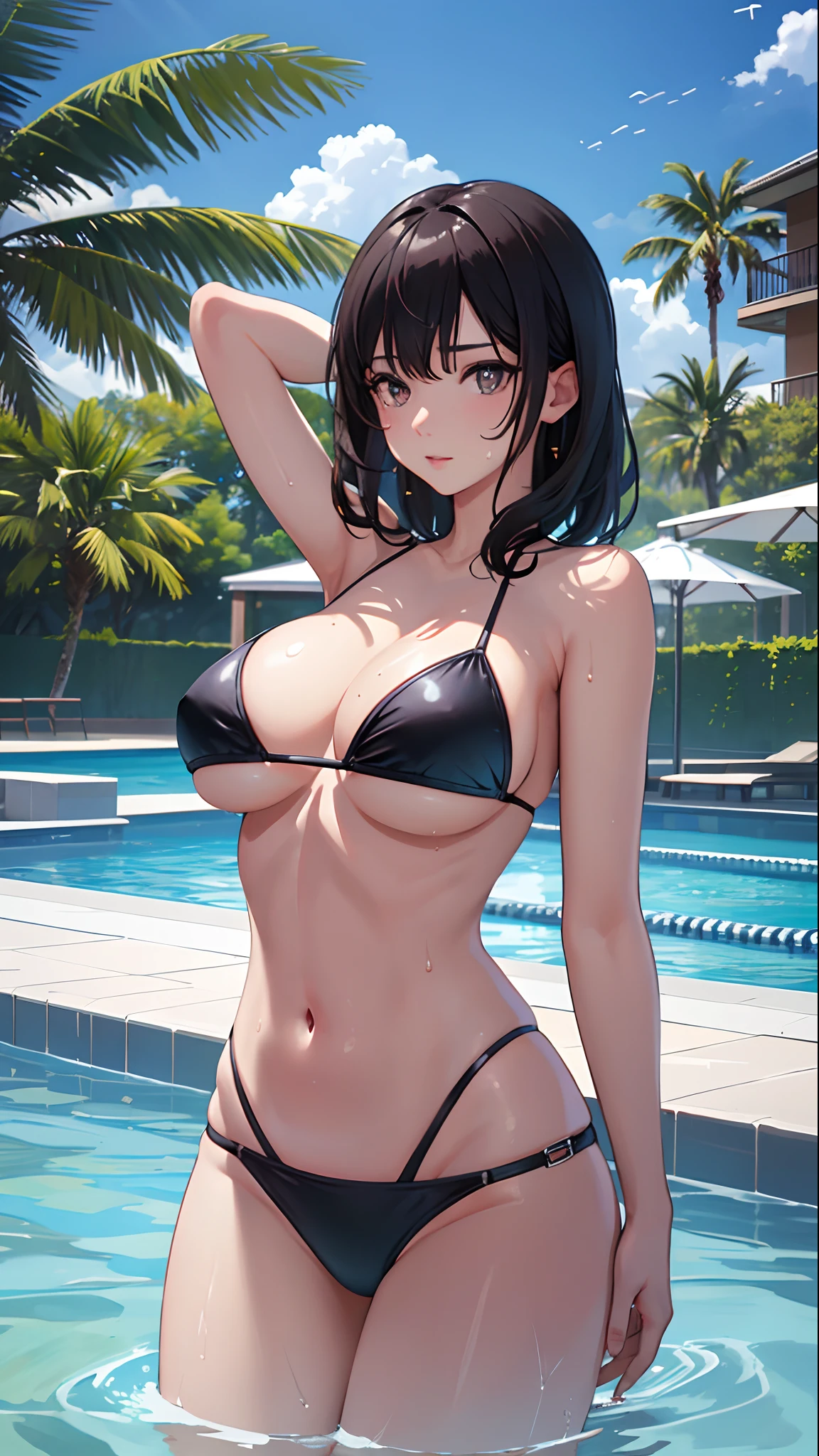 1girl, solo, bikini, swimming pool, night time, sky with stars, masterpiece, best quality, realistic, ultra-detailed, (shiny skin, sweating: 1.4), ridiculous, looking at the audience, short black hair, brown eyes, slender, dynamic light and shadow, high resolution, sharp focus, depth of field, fine eyes, sharp pupils, realistic pupils, (big breasts: 1.6), (thigh thickness: 1.0), outdoor, sky