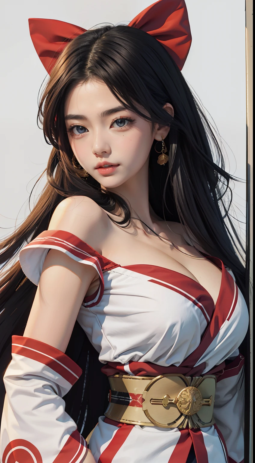 (tmasterpiece,best qualtiy,A high resolution,Off-the-shoulder attire,Large breasts,(cleavage:1.5),统一 8k 壁纸,Extremely detailed CG:1),(illustratio:1.0),1girll,Solo,nakorurums,Bow knot,shairband,Ainu clothes,Fingerless gloves,short- sleeved