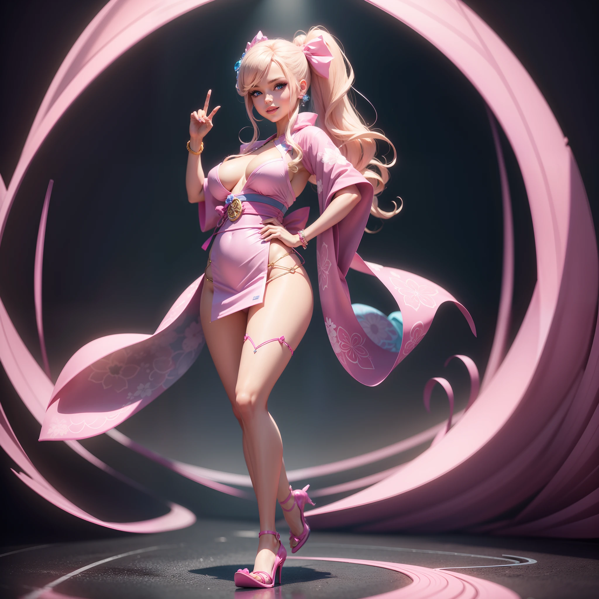 One Barbie, ((Full body)), Blue eyes, Smiling face, Hair loss swaying in the wind, Hip Hop Singer Pose, Dressed in hip-hop style, Wearing a pink kimono that reflects light,swarovski,pasties,With a pink bow on the arm, Fashion, Extremely high quality, high details, 8K, clean back ground, in studio, ((Full body shot)),Align your fingers neatly,Accurate Hand Modeling,wave her hand,