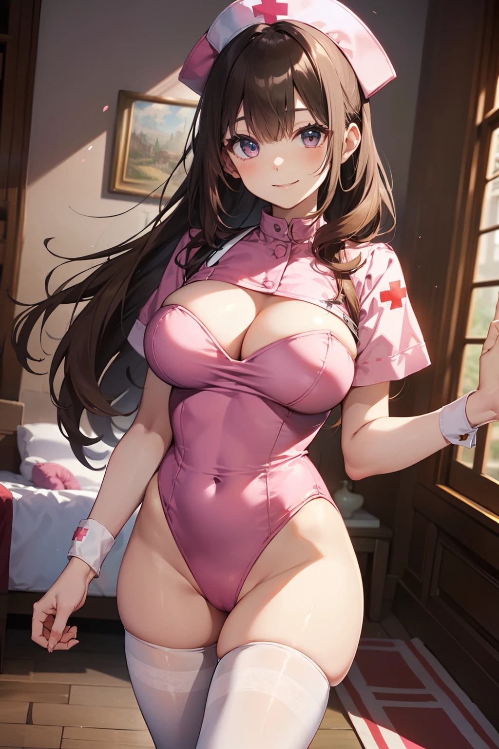top-quality、Full limbs、complete fingers、Slender beauty、a 25yo woman、((poneyTail))、Brown hair、Beautiful Large Breasts、((Pink Nurse Leotard))、((Pink nurse hat))、White pantyhose、Red Cross、A big smile、in a castle、sexypose、is standing