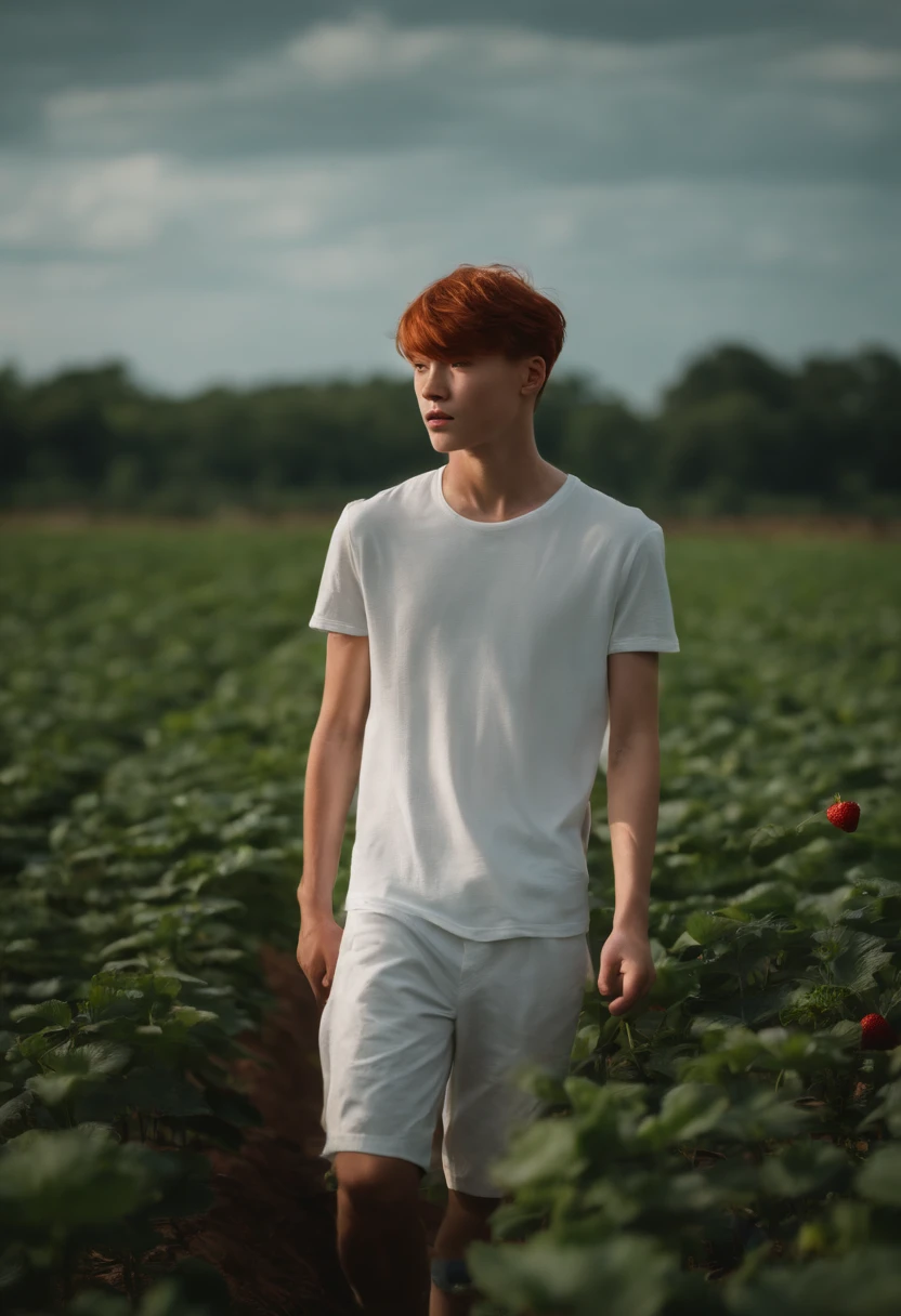 Best quality, 超高分辨率, 1 boy, Red hair, Green eyes, short and thin body, wearing a white shirt and shorts, ((shyexpression)), strawberry field