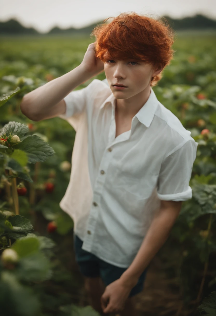 Best quality, 超高分辨率, 1 boy, Red hair, Green eyes, short and thin body, wearing a white shirt and shorts, ((shyexpression)), strawberry field