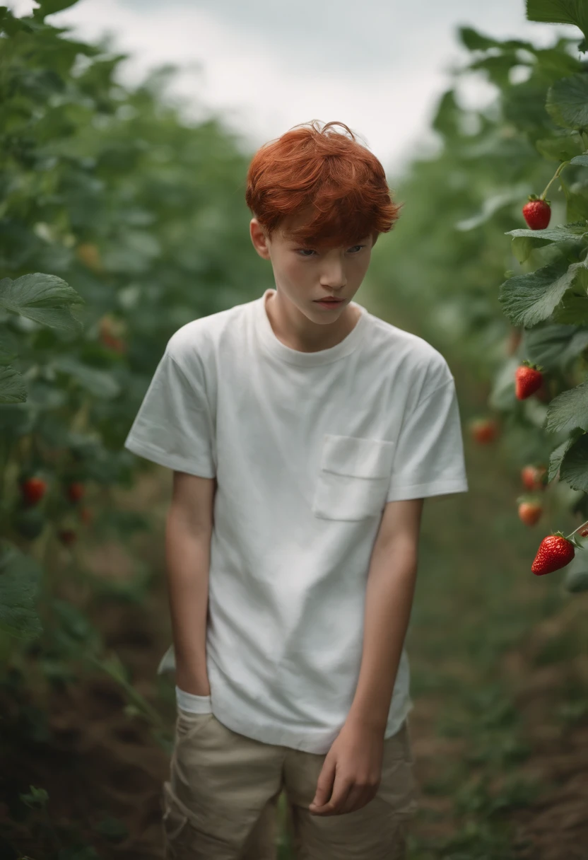 Best quality, 超高分辨率, 1 boy, Red hair, Green eyes, short and thin body, wearing a white shirt and shorts, ((shyexpression)), strawberry field
