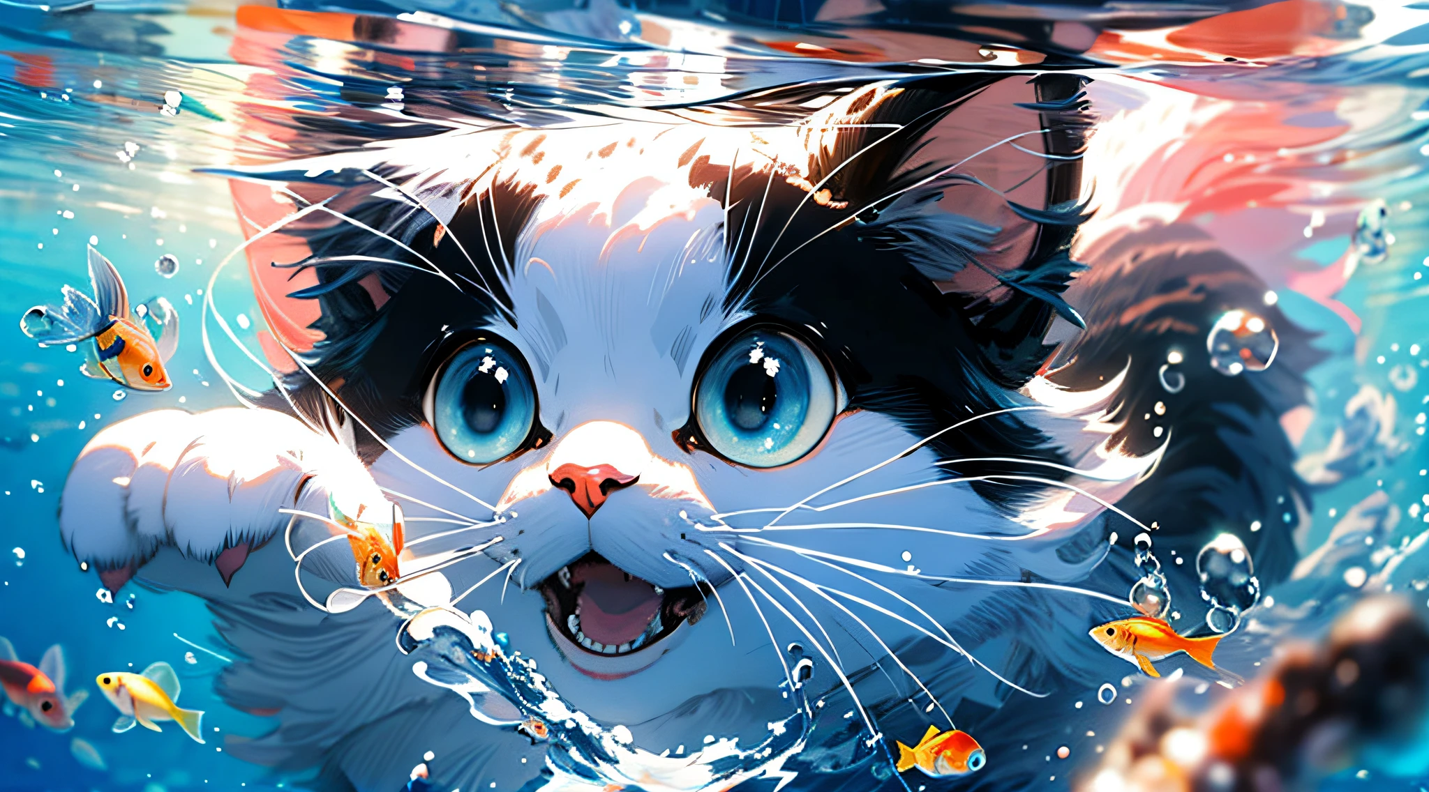 There is a cat that is swimming in the water with its mouth open, ADorable pintura Digital, expressing joy. por Krenz Cushart, liquid cat, LinDo arte Digital DetallaDo, Ross Tran 8 K, Ross Tran y Studio Ghibli, Ross Tran y Wlop, Un gato nadando en el agua, WLOP y ROSS Tran, Estilo Ross Tran, por Ross Tran