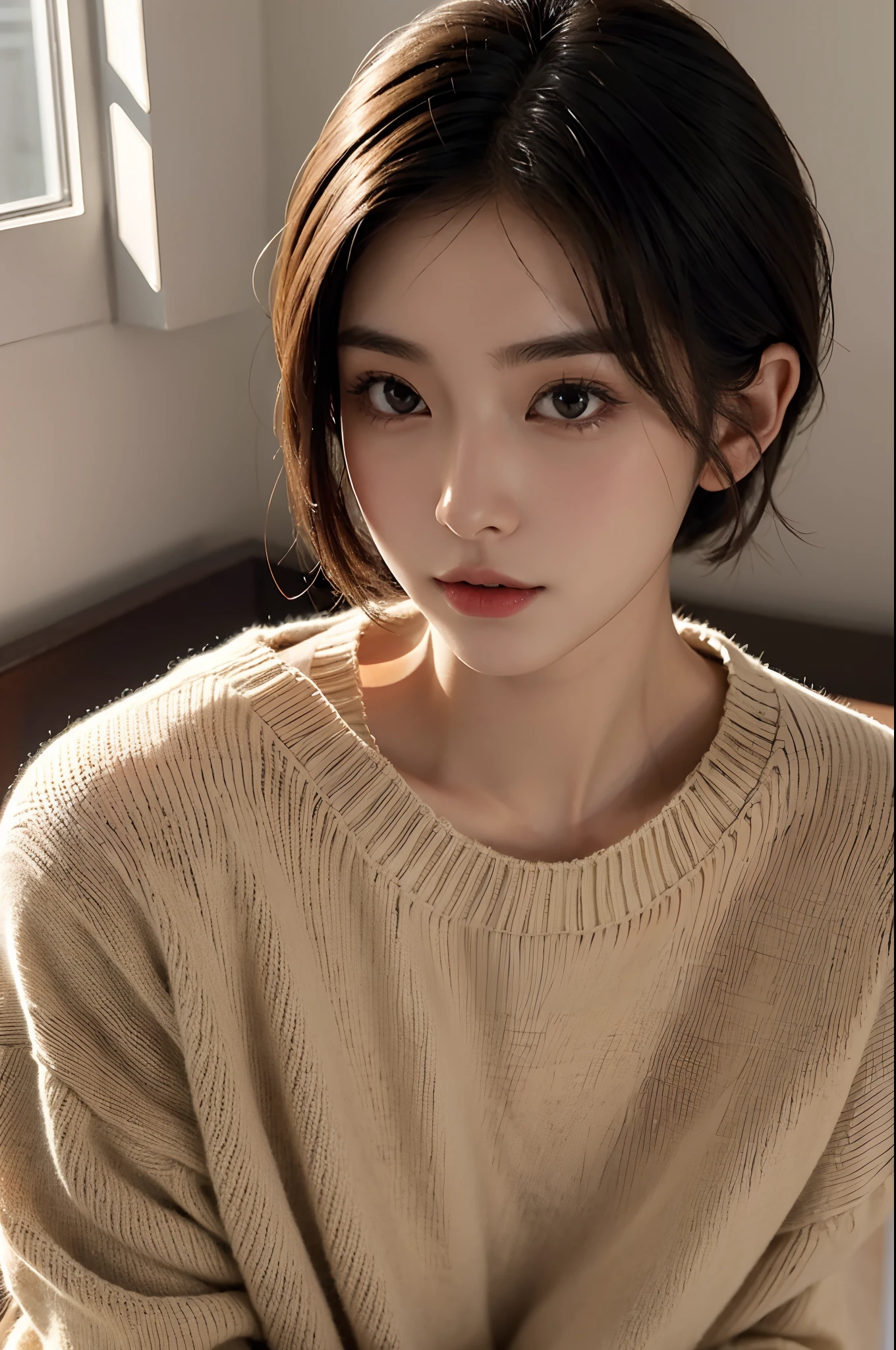 a close up of a woman in a sweater posing for a picture, Middle metaverse, 奈良美智, japanese model, beautiful asian girl, with short hair, 2 4 year old female model, 4 k ], 4k], 2 , sakimichan, sakimi chan