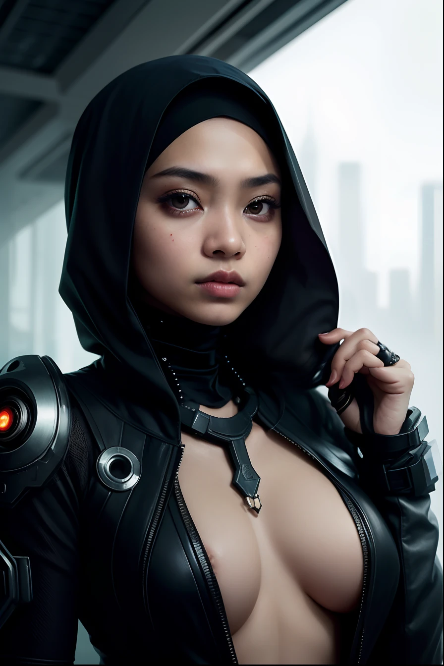 Create a high-quality portrait photograph of a young Malay girl in hijab, elegantly dressed in a cyberpunk-inspired outfit, set against the lush backdrop of a dense jungle. Capture her with exceptional detail in a half-body shot, highlighting the fusion of traditional and futuristic elements in her attire. Pay special attention to the contrast between the natural beauty of the jungle and the edgy, high-tech aspects of her cyberpunk style. This portrait should convey the harmony of these contrasting elements in a visually stunning and thought-provoking composition.