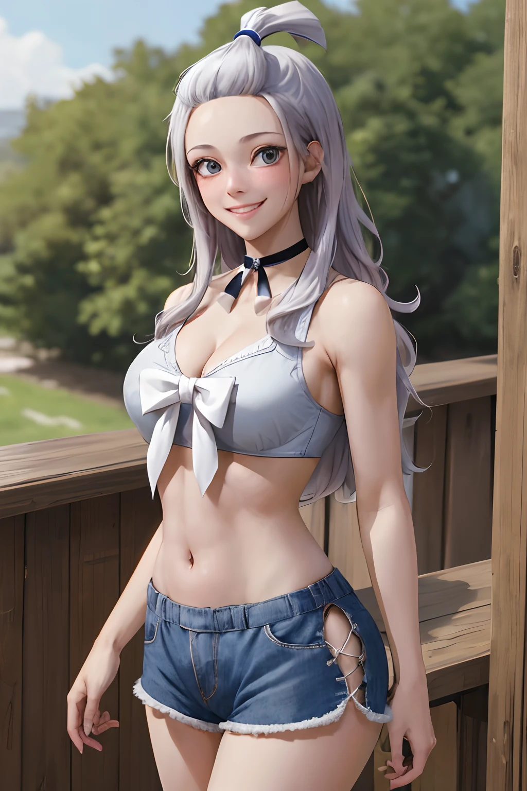 masterpiece, best quality, highres, Amira, long hair, bangs pinned back, topknot, forehead, choker, bare shoulder, cleavage, mini shorts , tiny bra,large breasts, bow, sleeveless, cowboy shot, standing, outdoors, bar, smile, shy, blushing smile,showing ass