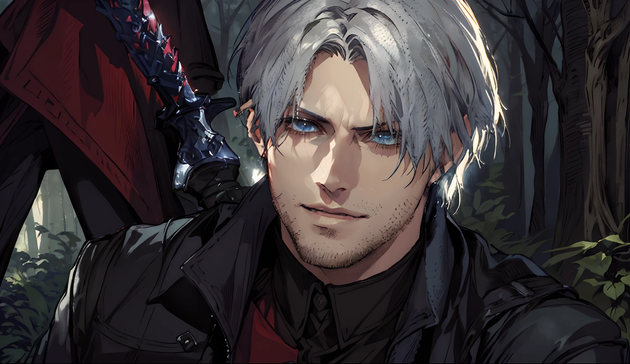 a close up of a person with a sword in a forest, dante from devil may cry, son of sparda, dante from devil may cry 2 0 0 1, johan liebert mixed with dante, devil may cry, dante, v from devil may cry as an elf, thancred waters, he has dark grey hairs, johan liebert mixed with alucard