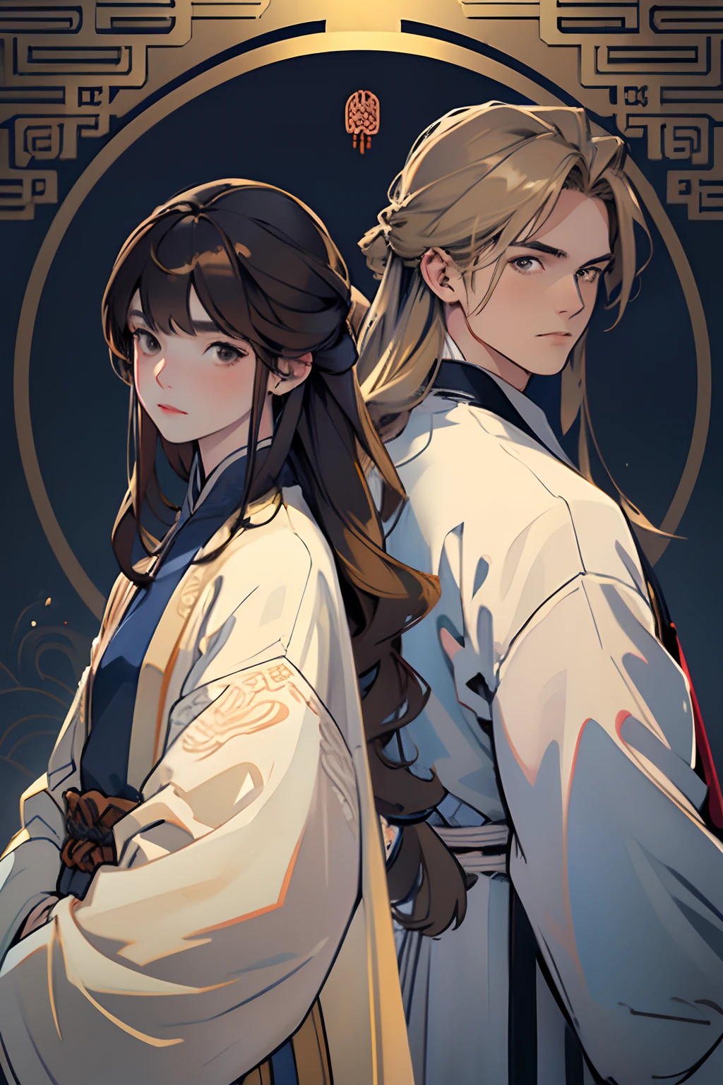 t32k, best quality, masterpiece, super detail, high details, one girl and one boy, two characters who are friends, long wavy blonde hair young man in midnight blue color clothes,long hair man, brown hair young woman in white clothes , brown eyes girl with bangs, back to back , calm expression, ancient china , flat background, Chinese pattern background