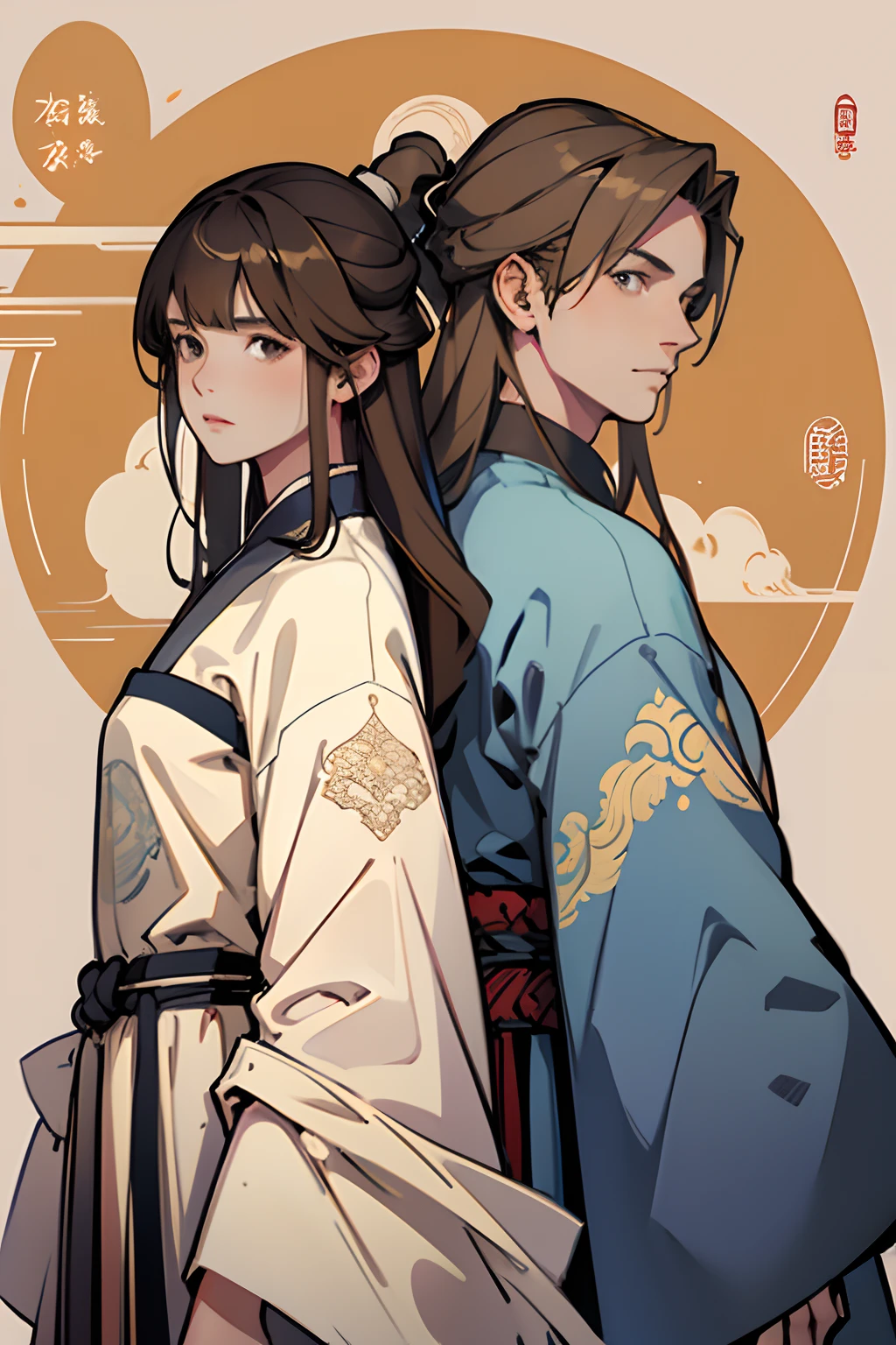 t32k, best quality, masterpiece, super detail, high details, one girl and one boy, two characters who are friends, long wavy blonde hair young man in midnight blue color clothes,long hair man, brown hair young woman in white clothes , brown eyes girl with bangs, back to back , calm expression, ancient china , flat background, Chinese pattern background