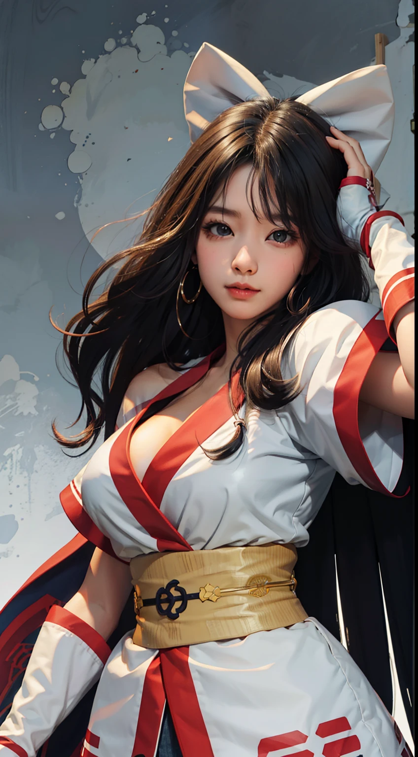 （tmasterpiece，best qualtiy，A high resolution，Off-the-shoulder attire，Large breasts，（cleavage:1.5)，统一 8k 壁纸，Extremely detailed CG：1），（illustratio：1.0），1girll，Solo，nakorurums，Bow knot，shairband，Ainu clothes，Fingerless gloves，short- sleeved