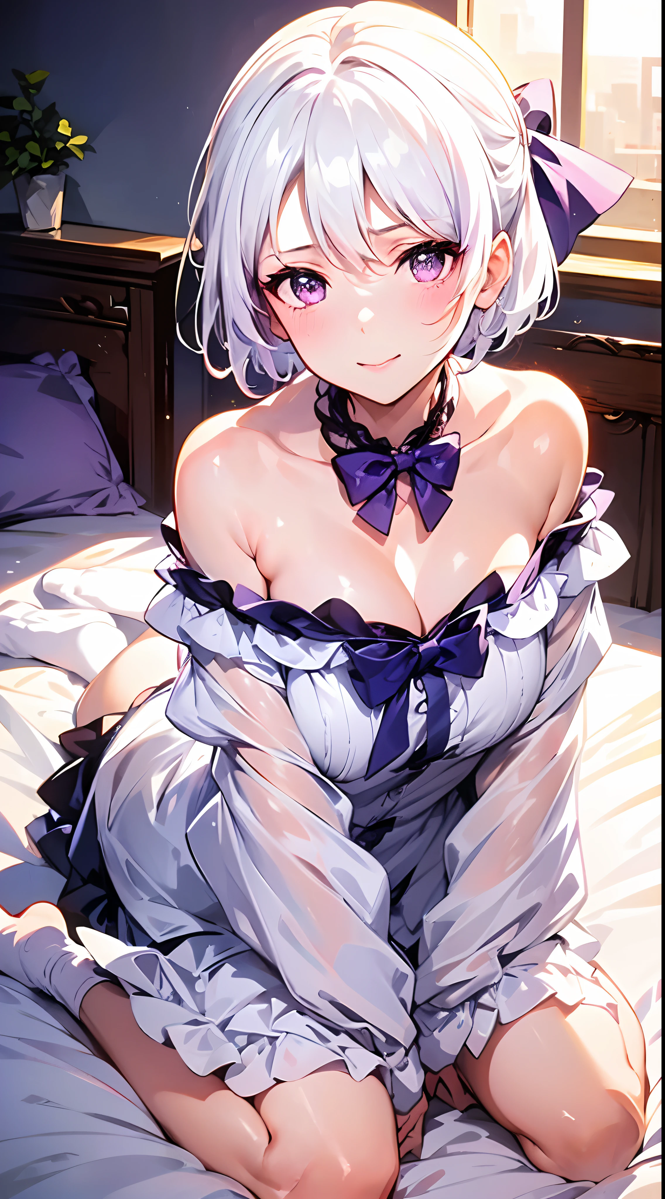 close up of face,lying down on the bed,Wariza,Dynamic Composition: 0.3), Rich in Detail and Color,(Solo: 1.2),(Best quality),(4k), (highly grand details CG painting),(((the Greatest masterpiece,))),(reality:0.4) (ultra detailed),(intricately details),(Natural,cute face),(cinematic lighting),(blooming,synthetic wave),((solo,1 girl,))Long eyelashes,watery eyes,reflected eyes,eyes shadow,light purple eyes,((one purple bow tie)), (white off-the-shoulder shirt: 0.4),beautiful hair,short hair, (white dress), white haired deity,((elegant and conservative cloth)),seductive smile,(top quality,official art, beautiful and aesthetic:1.2), (radiosity,automatic white balance), dynamic lighting,blushing,showing socks, using socks, socks view, showing soles,socked feet, feet with socks, socks.