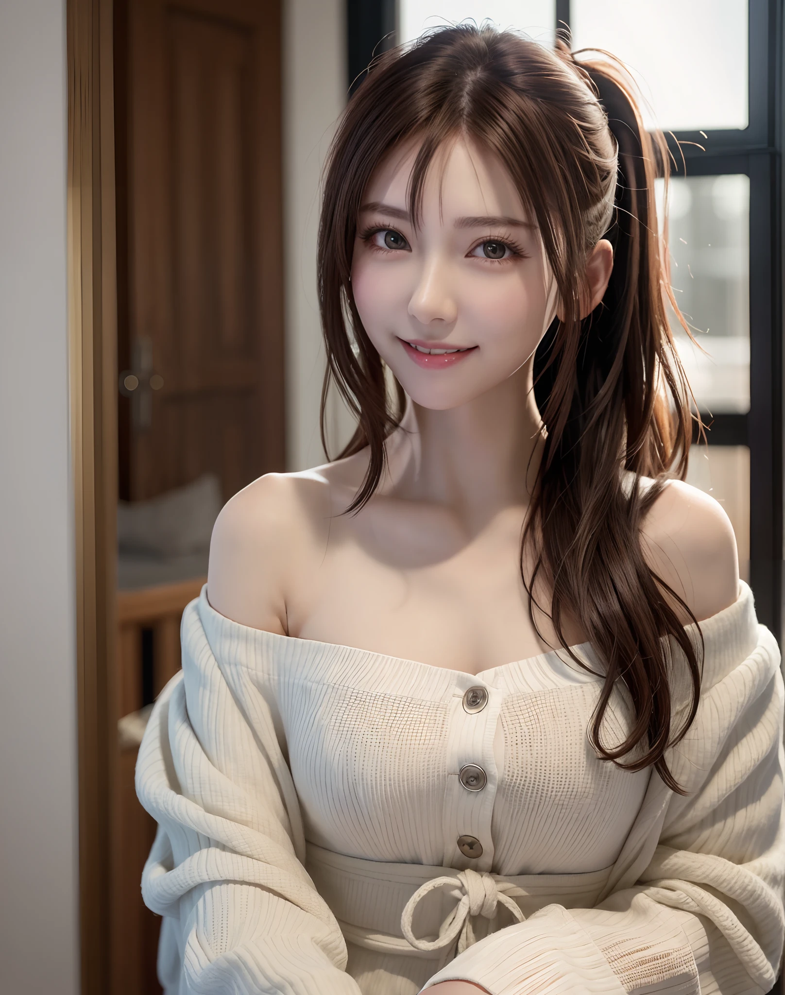 (Best Quality), (masutepiece), (High resolution), (Intricate details:0.2),(Professional Lighting), dressing gown, Detailed background,off shoulders, (Previous view), 1girl in, Solo, (Beautiful face),  Slim body, Fine skin, Smile, brown hair in a ponytail, Beautiful eyes,  look at at viewer,