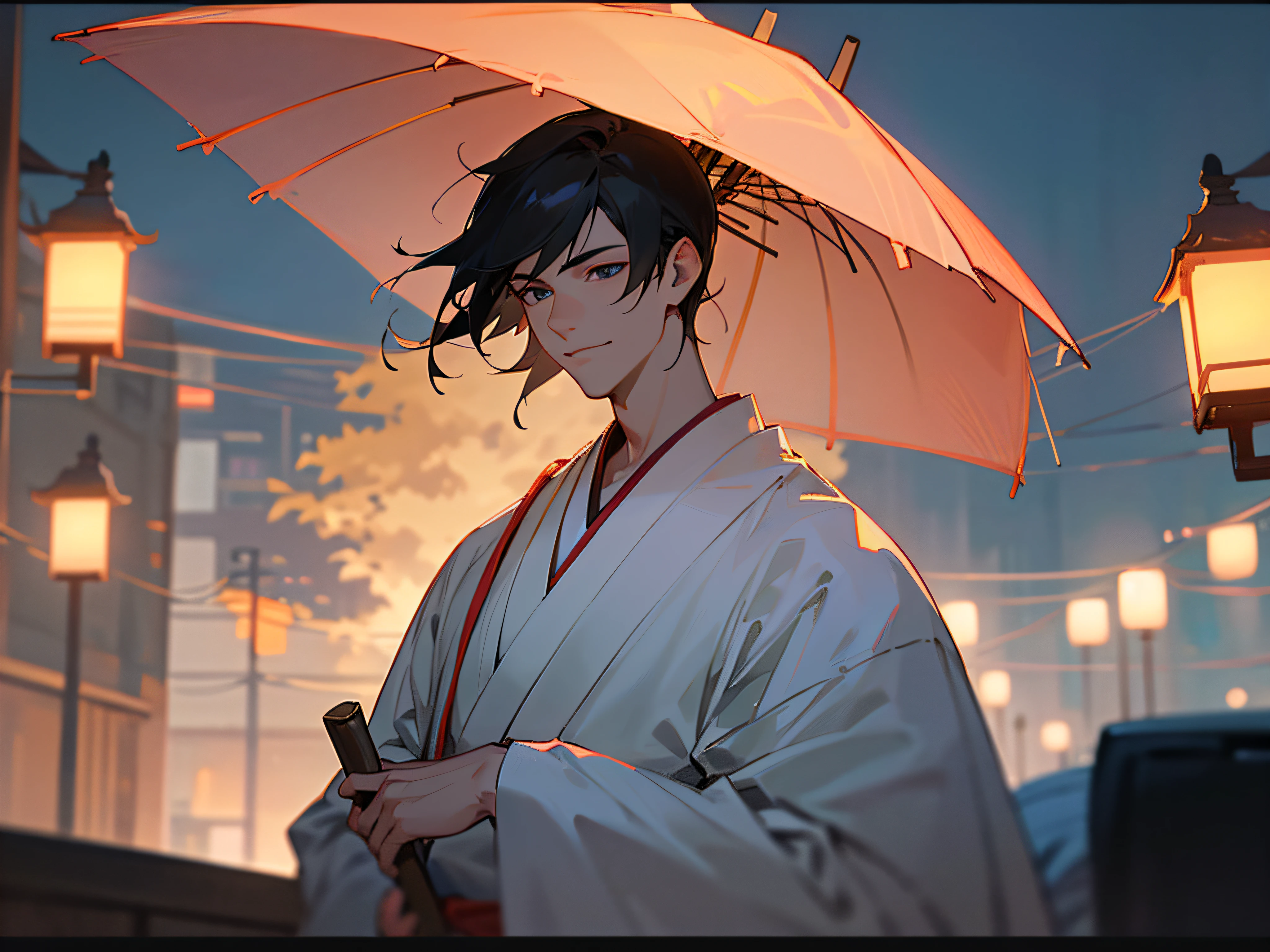(Handsome men: 1.4), White shirt, Short black hair, Delicate face, Fair skin, kimono, ((On the street at night: 1.4)), Night, Deserted, nobody, 8km HD Images, Masterpiece-level high-quality images,ryokan、Greet us with a smile