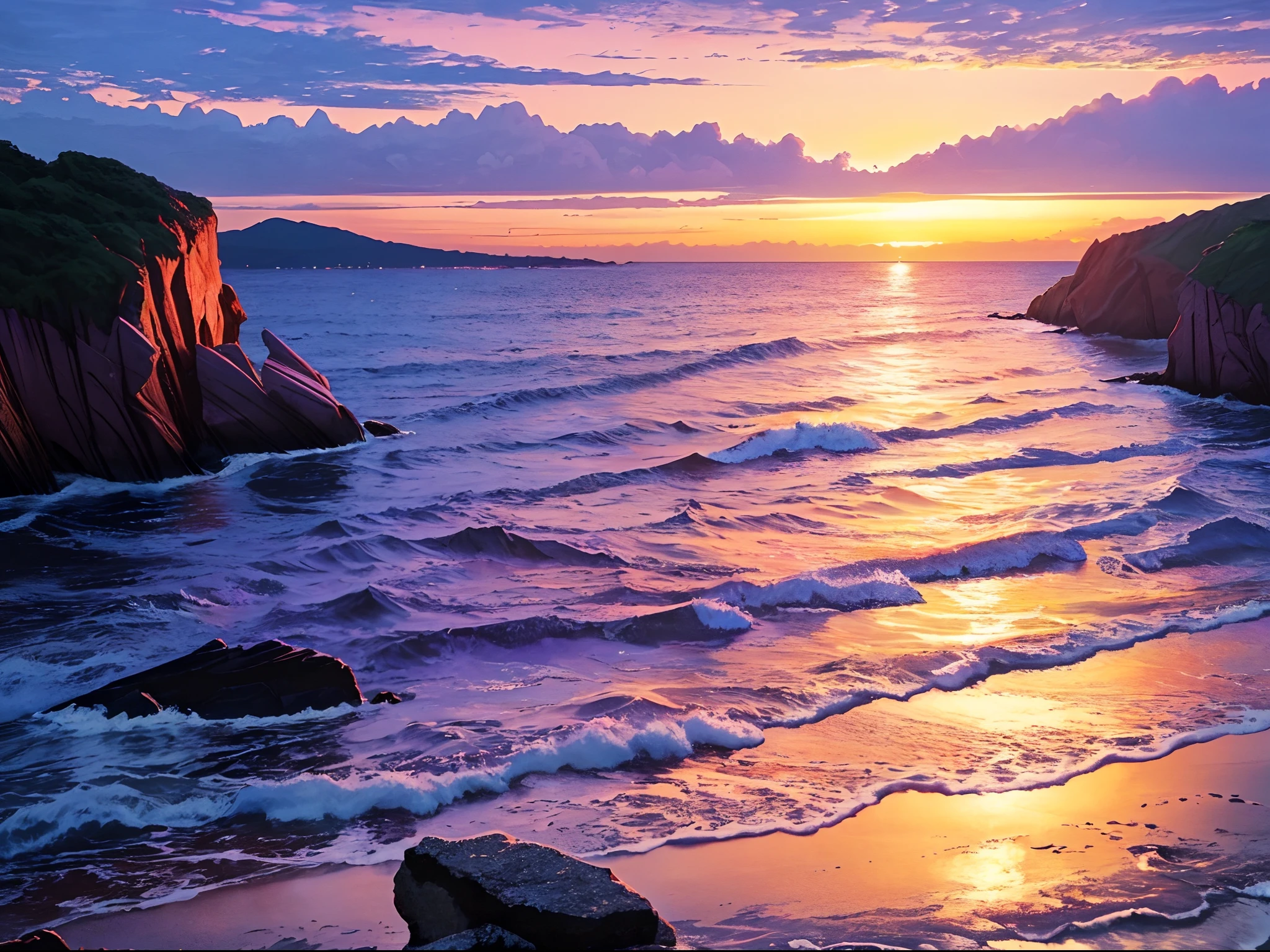 (a silent night,gorgeous sunset:P,serene purple waves,tranquil sea,beautiful rocky coast,peaceful skyline)
