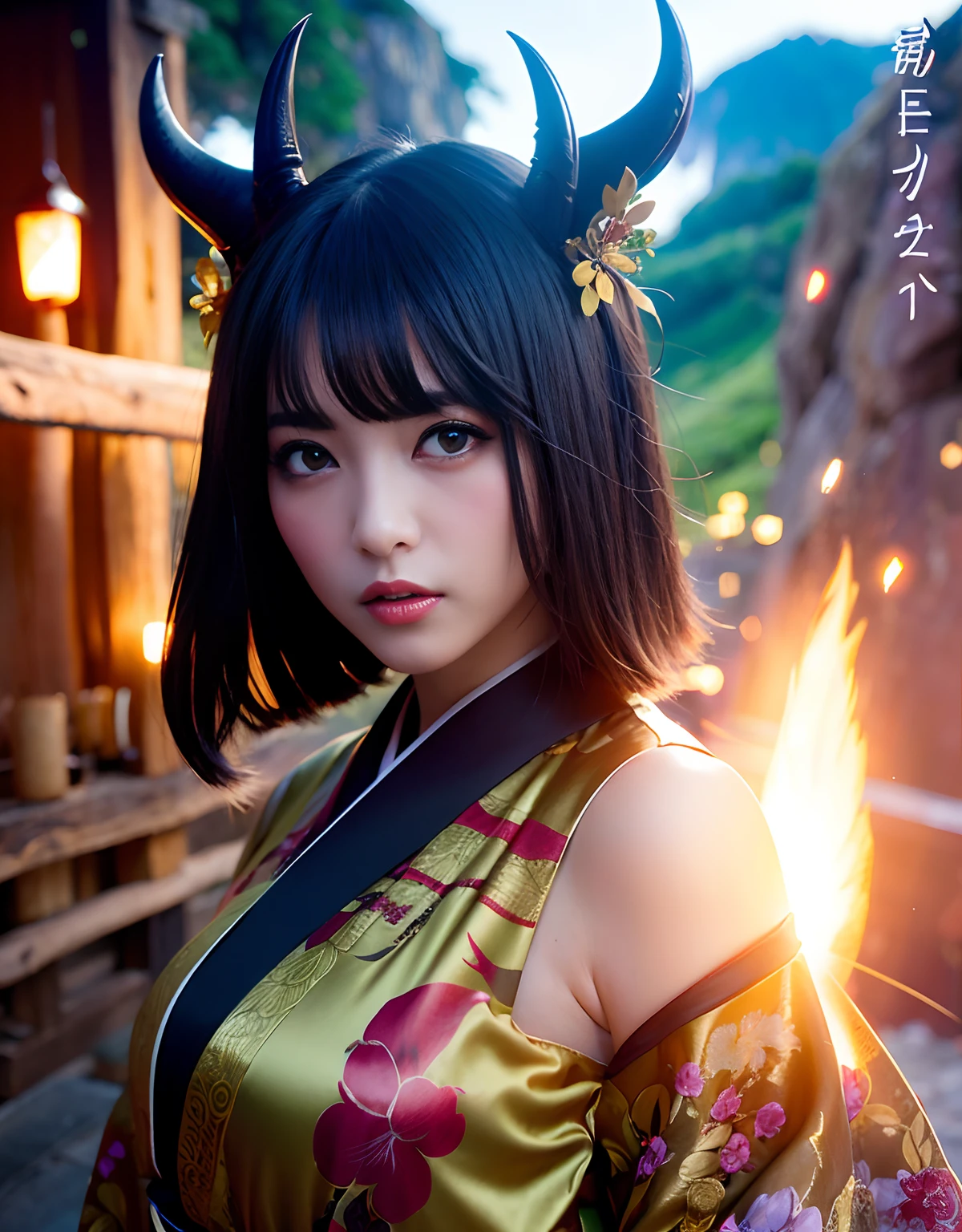 ((World of Darkness)),Professional , ​masterpiece、top-quality、photos realistic , depth of fields 、（sexypose）、(Background of cherry blossoms in full bloom),（Ultimate Beauty）、A dark-haired、（White bikini armor)、（Kimono with beautiful pattern）、（Night background）、（（a dark night））,(Wear a beautiful kimono),（Wear a beautiful kimono with colorful floral patterns）、Jewel Gold Weapon、Particles of light),（Has a devil's mask）、Gorgeous gold weapons ,（（ Gorgeous Dragon Sword）） , （a dark night）,,（maikurobikini） 、（（Black Haired Beautiful Girl））、（Castle background）、（demonic wings）、（（Gangle's forest background））、Beautiful Caucasian beauty、１a person、dynamic ungle,(((Two devil's horns on the head)))、Smaller head、Idle Smile、Thin and beautiful female hands、Mystical expression、Light Effects、intense fighting、Wind-effect、magic circles、With the legendary magic wand、Dragon's tail、