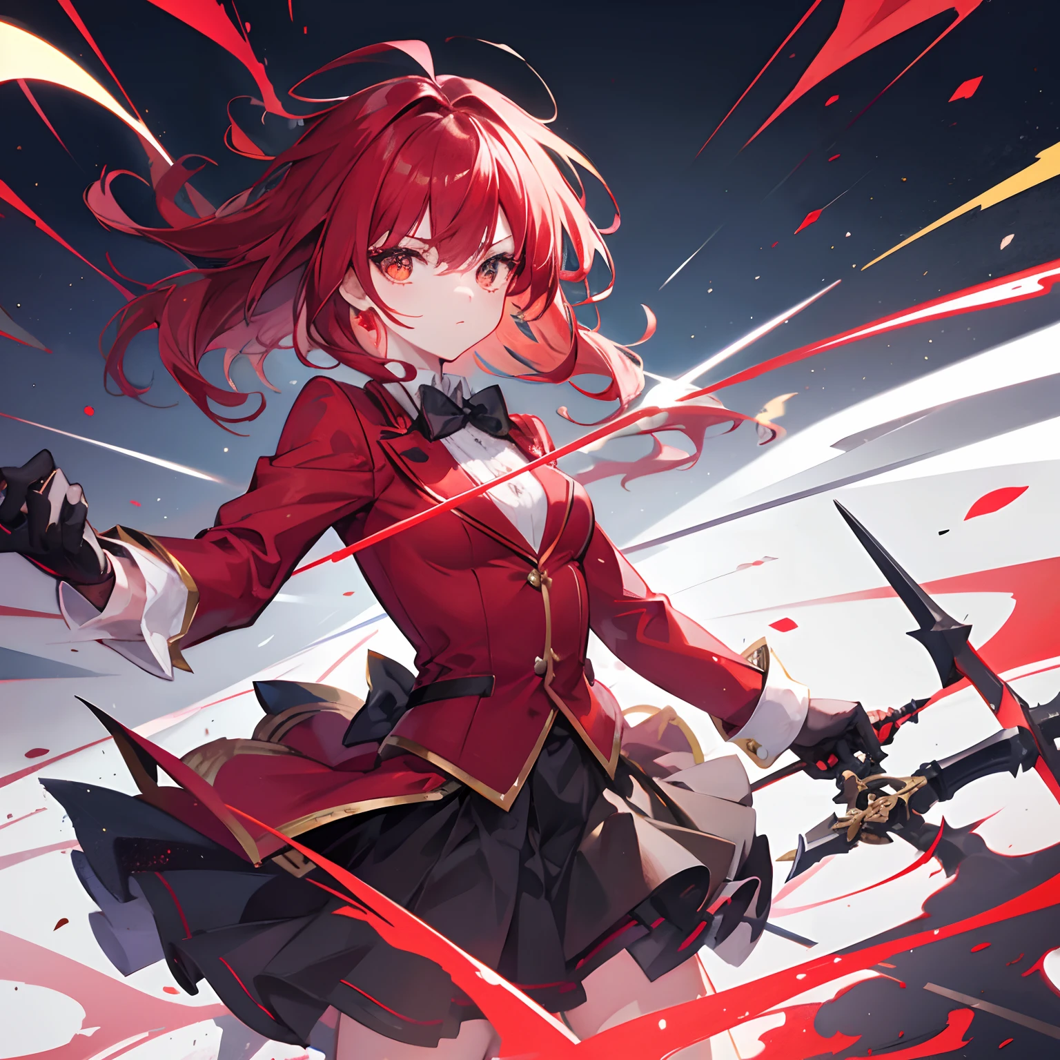 1 girl,red messy spiky hair,tuxedo magical girl,golden eyes,holding a rapier,tomboy,