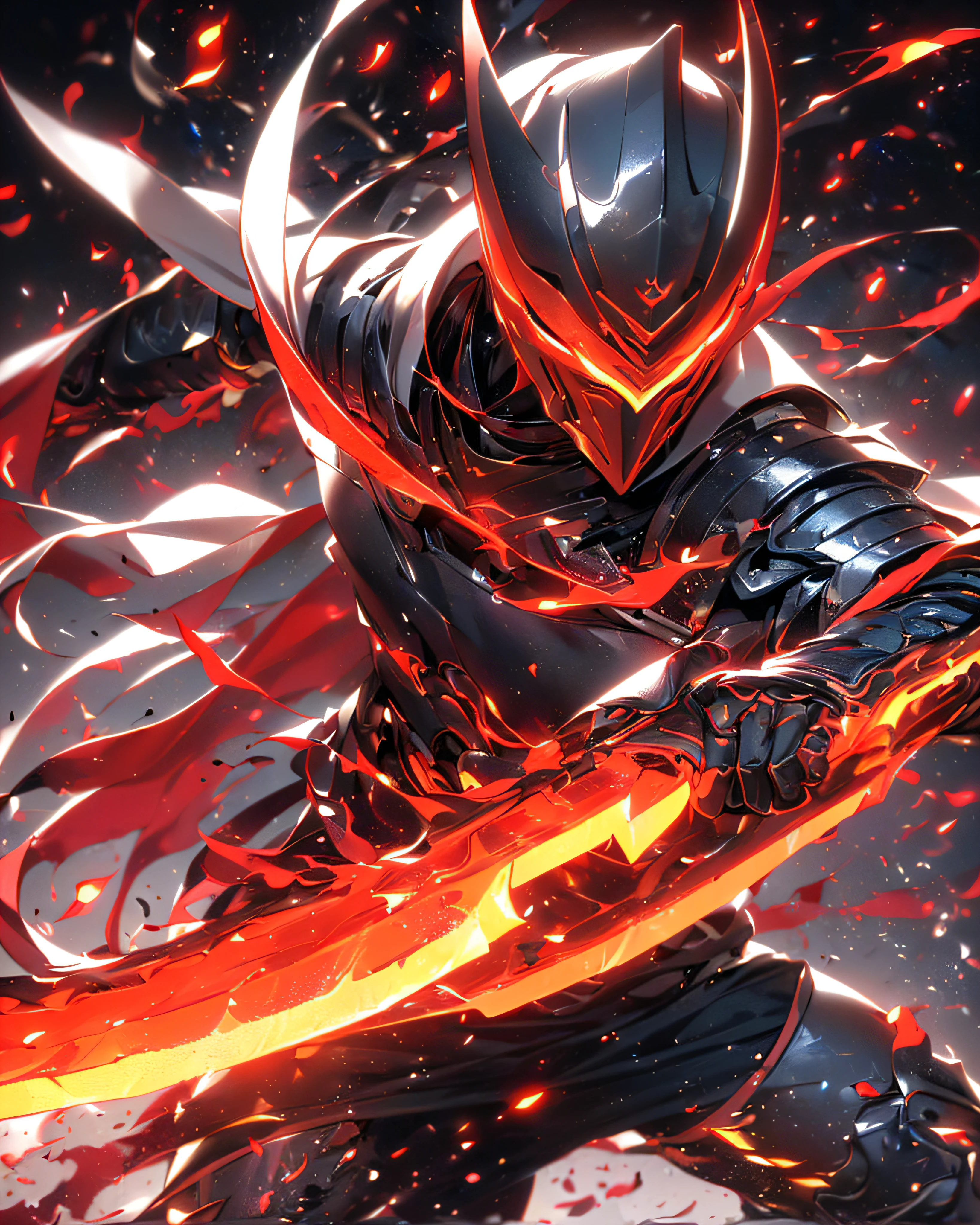 Super Realistic, Hyper Realistic, Super Detailed, (cybersamurai, 1boy, ((solo)), attacking with red sword, wearing black-red armor and mask, cape, glowing beautiful red eyes, glow:1.3) (glowing simple black background:1.25),