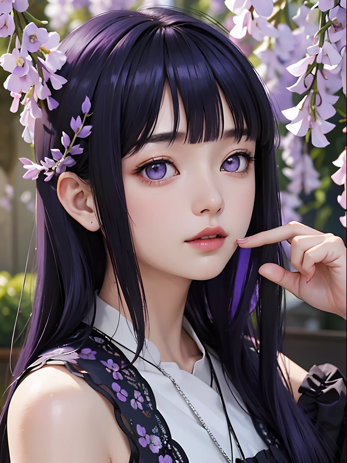 offcial art，统一 8k 壁纸，ultra - detailed，Beauty and aesthetics，tmasterpiece，best qualtiy，（Wisteria flowers），(Purple petals)（s fractal art：1.3），NOhumans，The is very detailed，Light colors，romanticism lain,dark blue hair,purple eyes,blunt Bangs