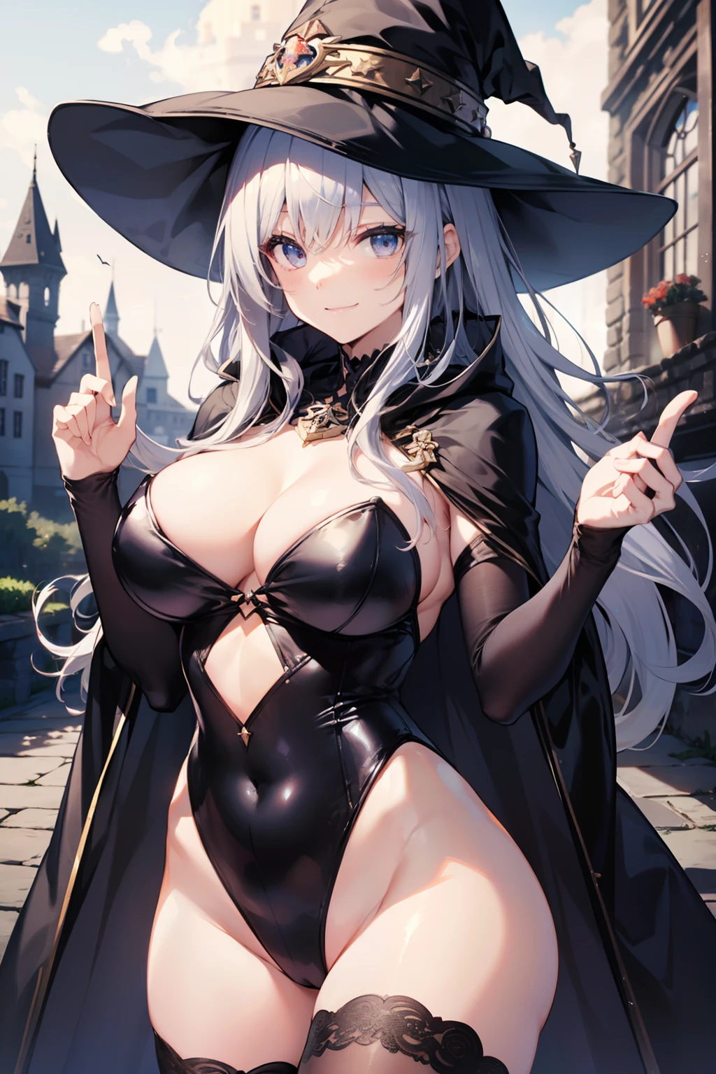 top-quality、Full limbs、complete fingers、Slender beauty、straight haired、Silvery head hair、sorcerer、((Black Leotard:1.3))、Black cloak、Wizard Hat、Beautiful Large Breasts、in a castle、A big smile、is standing、sexypose、Black stockings