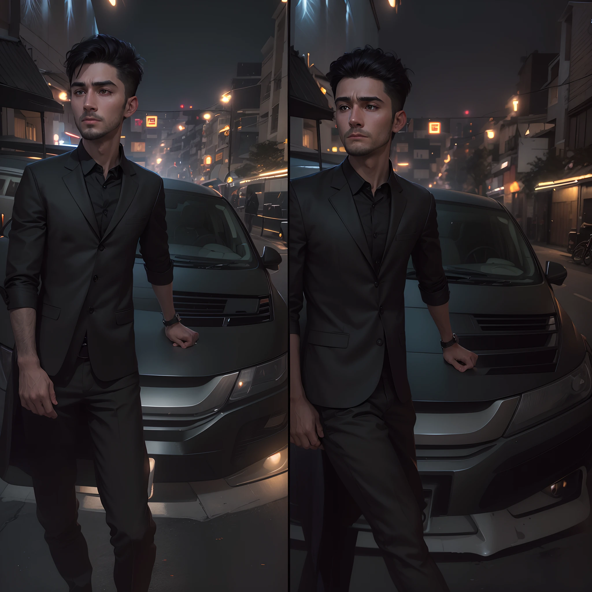 By using this image face make realistic 8k image of a 25 year old man, short black hair, wearing a black blazer with a white blouse underneath, expression of fear, standing in a narrow night alley, night scene