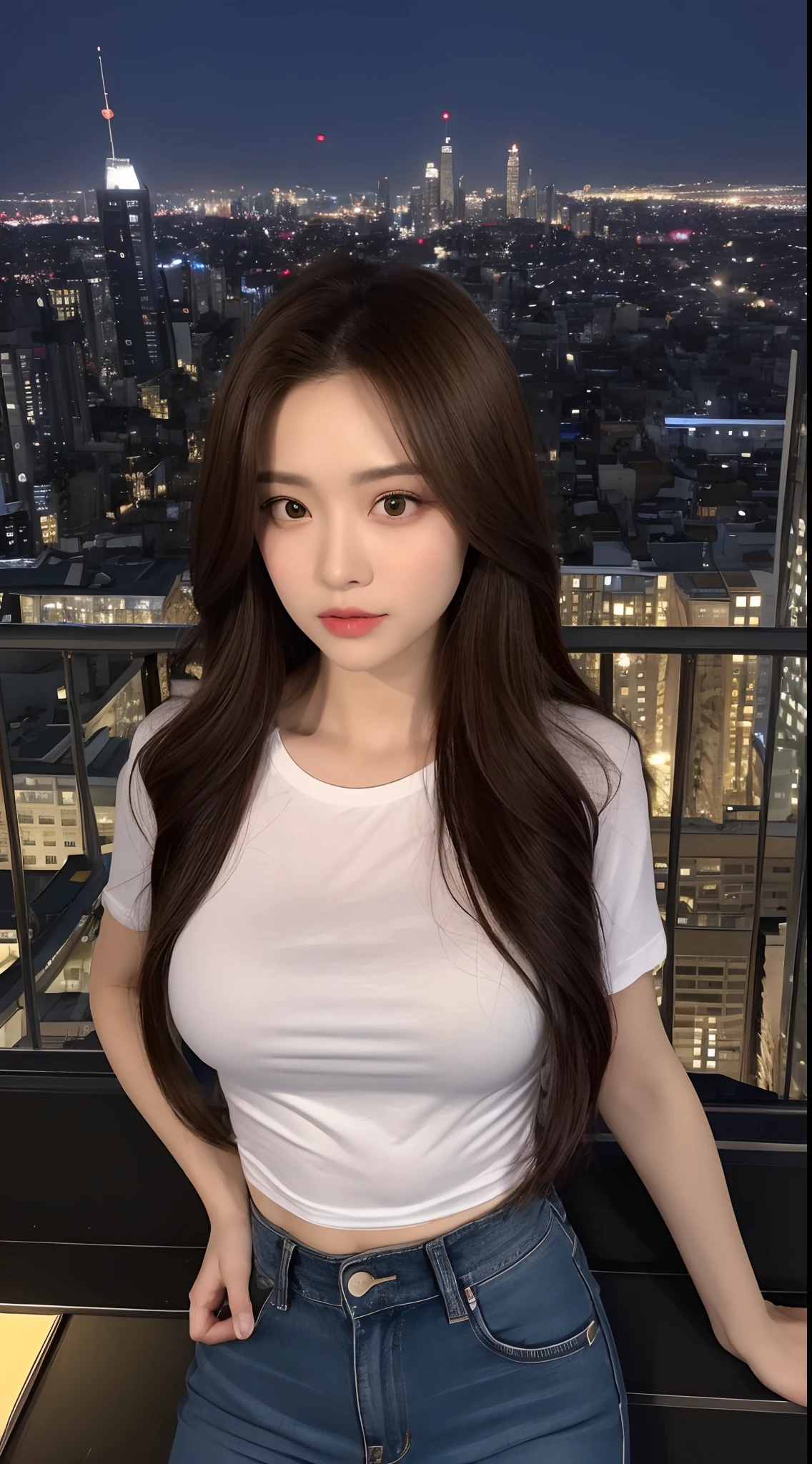 ((Midnight, Best quality, 8k, Masterpiece :1.3)), Whole body, Long legs, Sharp focus :1.2, A pretty woman with perfect figure :1.4, Slender abs :1.1, ((Dark brown hair, Big breasts :1.2)), (White tight tshirt, Jean bib, Standing:1.2), ((Night city view, Rooftop:1.3)), Highly detailed face and skin texture, Detailed eyes, Double eyelid