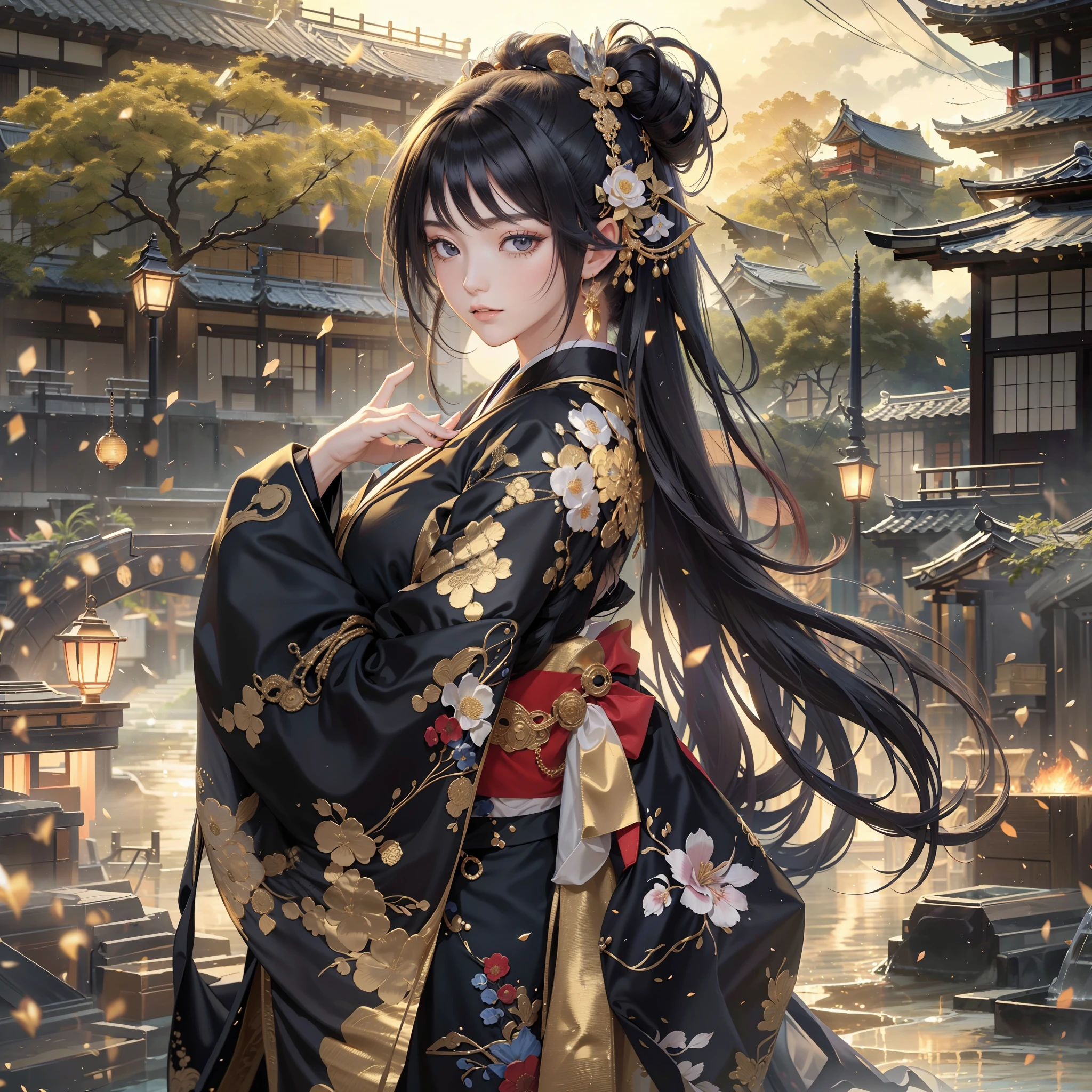 watching at viewers、Ancient capital and moon in the background、poneyTail、Woman with shiny black hair、{{{Luxury kimono(Black kimono(Detailed golden embroidery,))}}}、face perfect,Depict a beautiful and graceful woman of Japan。Heart in the eye。full body Esbian。 Wallpaper 8K, .Blur the background with a sickle,((masutepiece)), ((Best Quality))