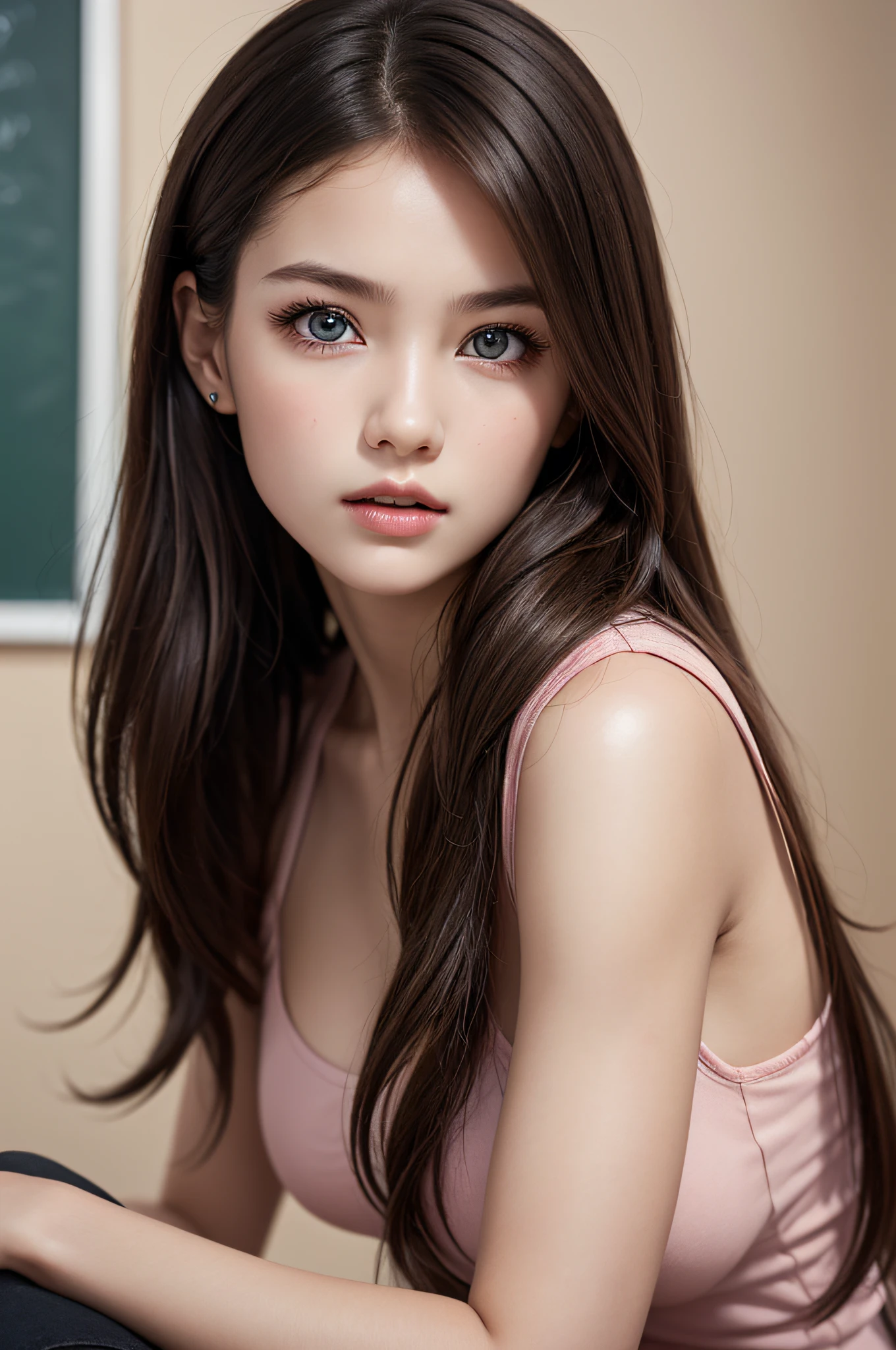 ((1girl in)), ((Best Quality)), (Ultra-detailed), (extremely detailed CG unified 8k wallpaper), Highly detailed, High-definition raw color photos, Professional Photography, Brown hair, Amazing face and eyes, Pink eyes, (amazingly beautiful girl), School, crass room, Sitting,