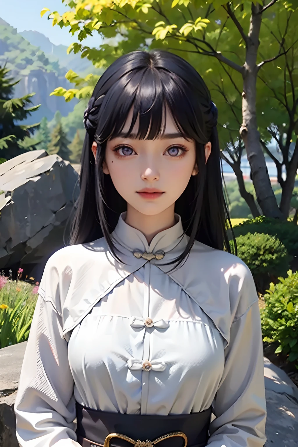 shuimobysim,masterpiece,best quality,extremely delicate and beautiful, beautiful detailed eyes and face, clear sharp focus,((chinese style )),(flowers,woods),outdoors,rocks, looking at viewer, make happy expressions,soft smile,pure,beautiful intricacy clothing decorative pattern details, dark blue hair,purple eyes, 1 fashi-girl,makeup, arms behind back, Blunt Bangs