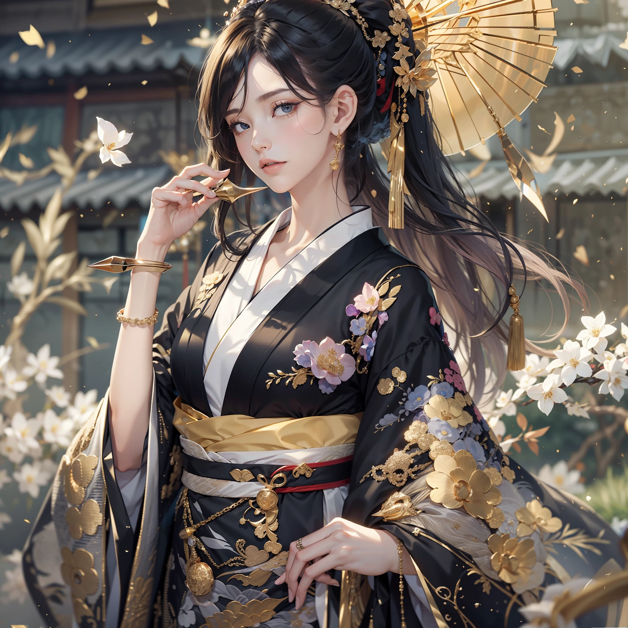 watching at viewers、Ancient capital and moon in the background、poneyTail、Woman with shiny black hair、{{{Luxury kimono(Black kimono(Detailed golden embroidery,))}}}、face perfect,Depict a beautiful and graceful woman of Japan。Heart in the eye。full body Esbian。 Wallpaper 8K, .Blur the background with a sickle,((masutepiece)), ((Best Quality))