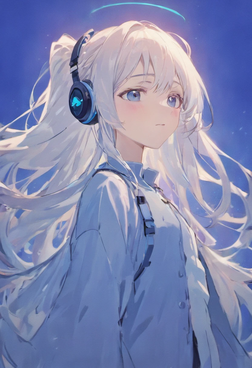 Girl, royal sister, wearing headphones, leather black gloves, white long hair, gothic style spider, gentle, wearing shirt, blue clothes, nun