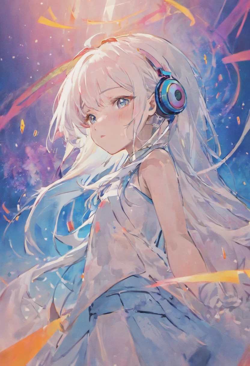 Anime girl with long white hair and headphones in front of blue background, white-haired god, Digital anime art!!, Perfect white haired girl, white haired Cangcang, Girl with white hair, (Anime girl), Smooth anime CG art, Official artwork, Beautiful Anime High School Girls, White-haired, Beautiful anime artwork, Cute anime girl, anime moe art style, anime best girl